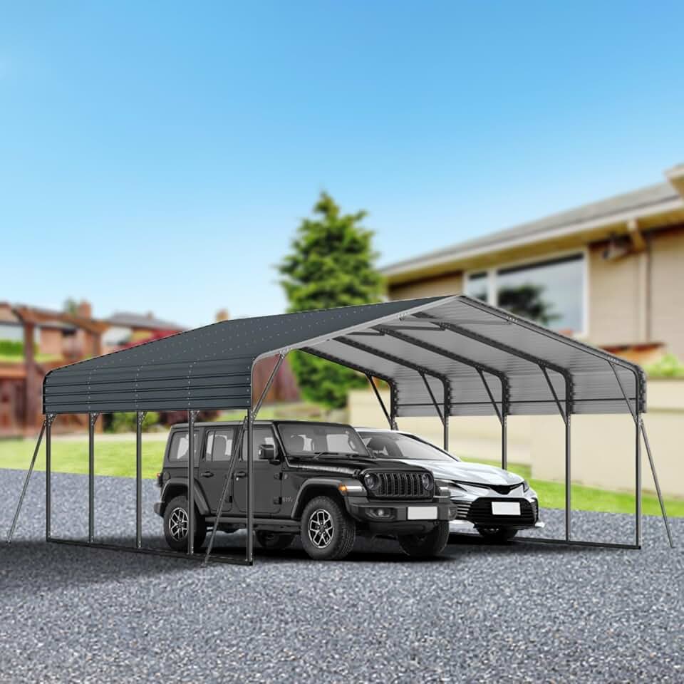 Heavy Duty Carport, Metal All Weather Canopy with Galvanized Steel Roof, Outdoor Garage Car Shelter Shade for 2 Cars, Boats, Garden Tools, Equipment and Truck, Quick Assembly (Black+20x20FT)