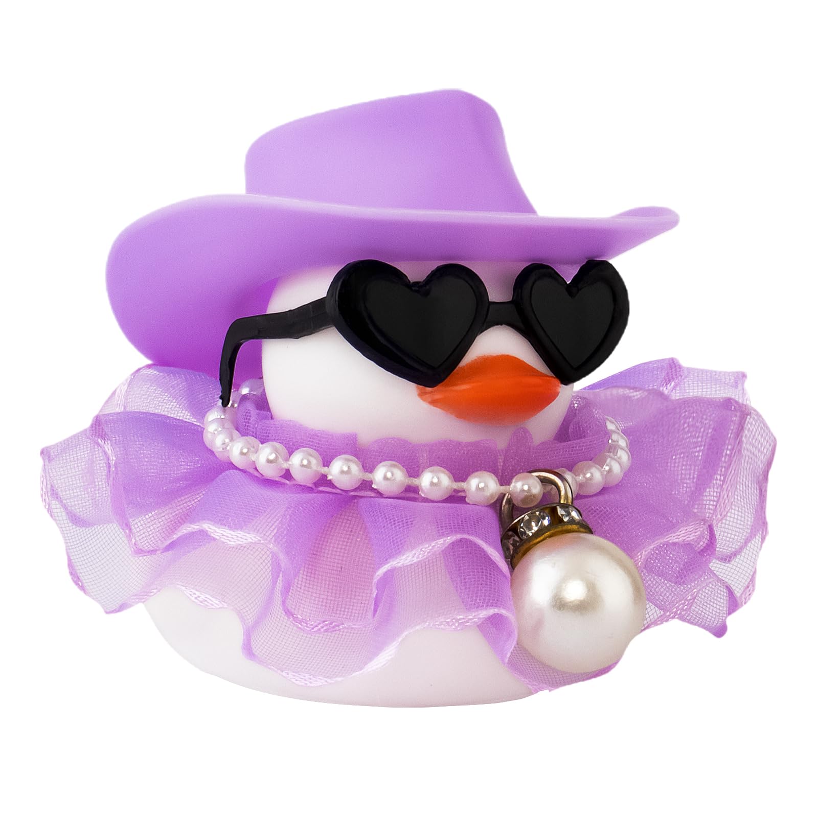 wonuu Car Rubber Duck Decoration Cute Car Ornament Car Ducks for Dashboard with Dress Heart Shape Sunglasses Necklace, Purple Bead Chain