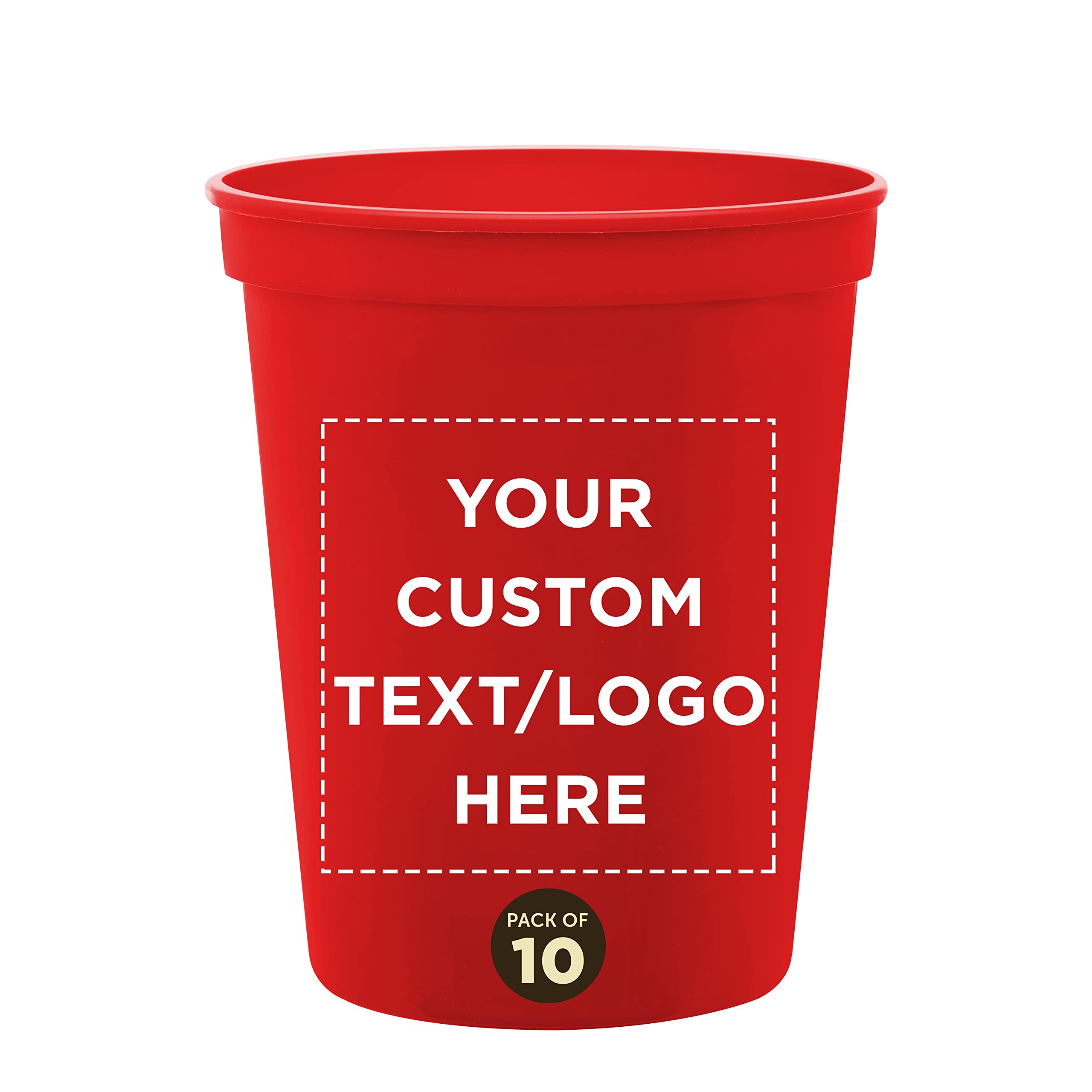 DISCOUNT PROMOS Custom Plastic Stadium Cups 16 oz. Set of 10, Personalized Bulk Pack - Perfect for Birthdays, Weddings, Picnic, Beach, Parties - Red