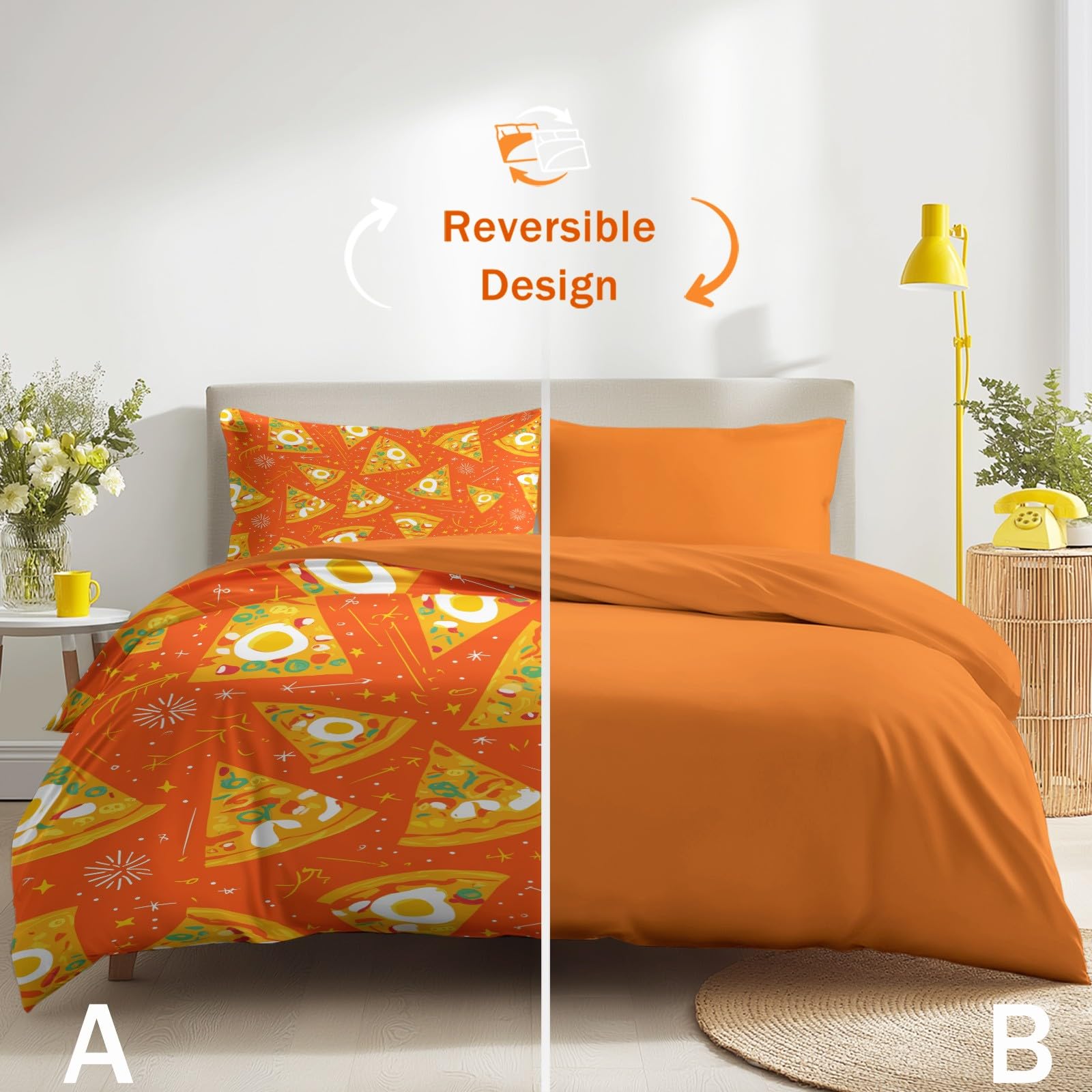 Biancheria da letto moderna e allegra, 200 x 200 cm, Energy Fun Fast Food Pizza, in microfibra, con chiusura lampo, include 1 copripiumino e 2 federe, per bambini