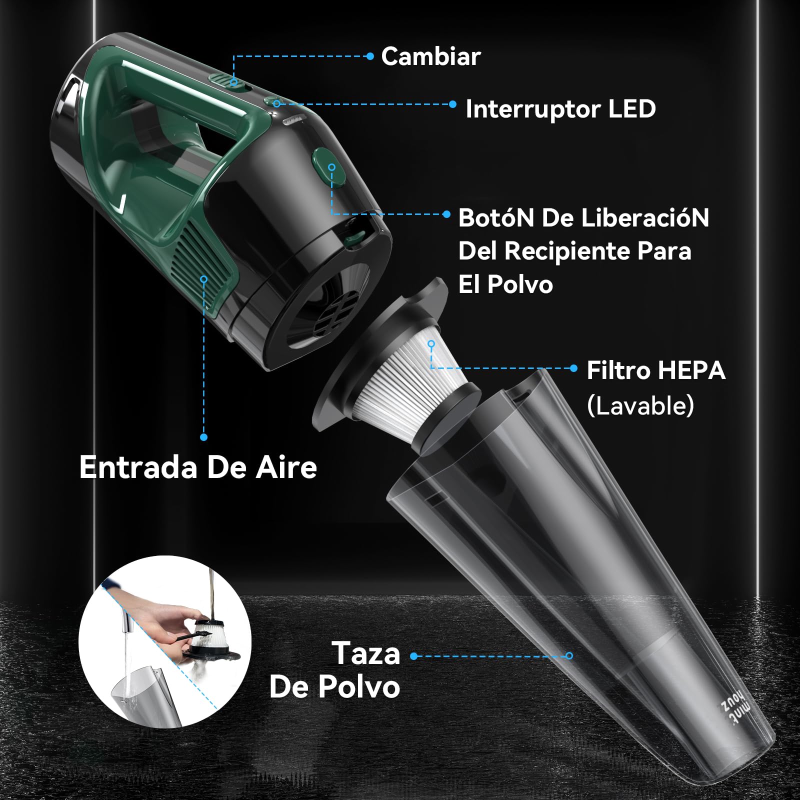 Minthouz Aspiradora de Mano Inalámbrico, Aspirador Coche Potente de 120 W, Carga Rápida, Tiempo de Funcionamiento de 30 Minutos, con Luz LED, Adecuado para el Hogar, Coche, Oficina
