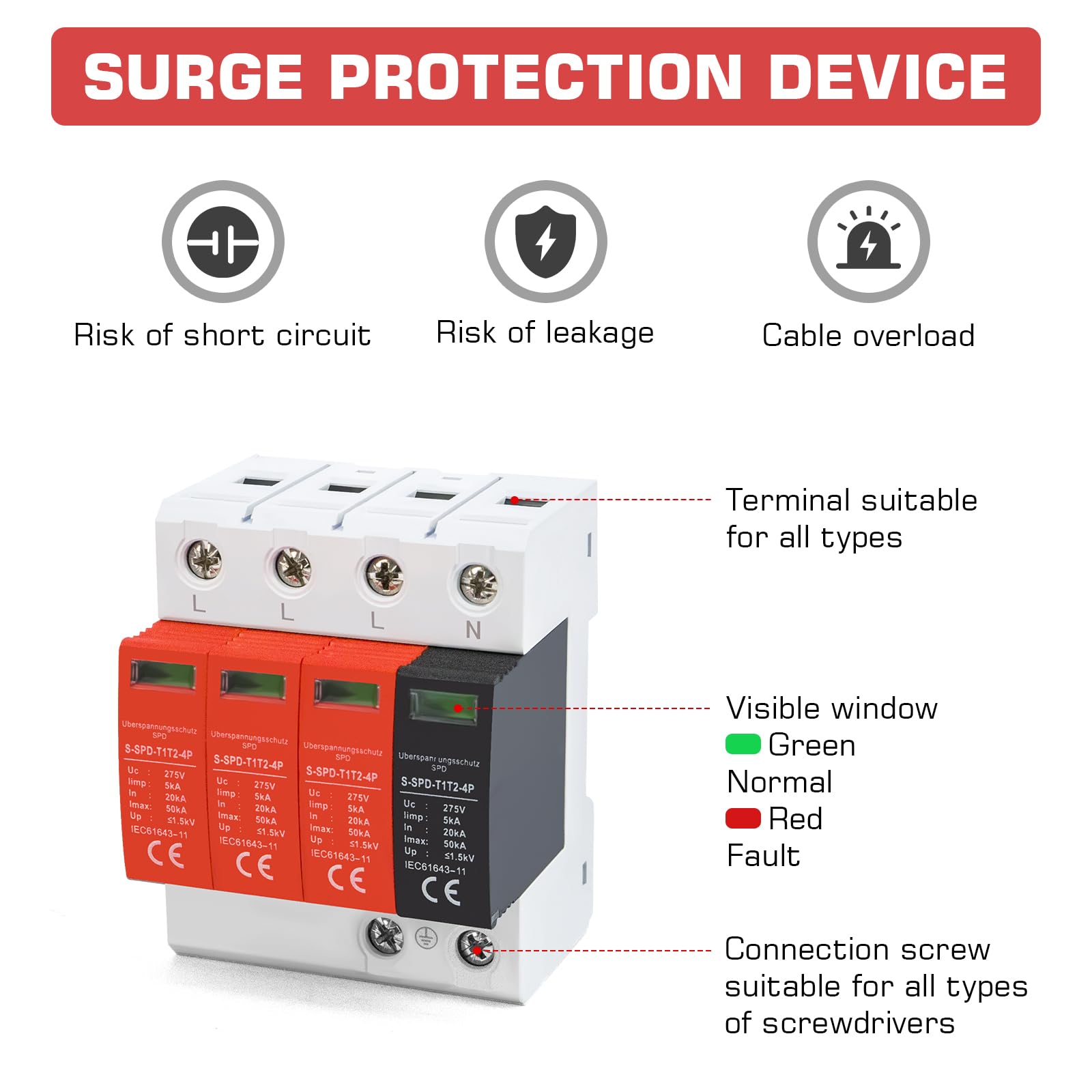 Parafoudre Type 1+2 (B+C) 4 Pôles 50 kA Protection Surtensions Photovoltaïque