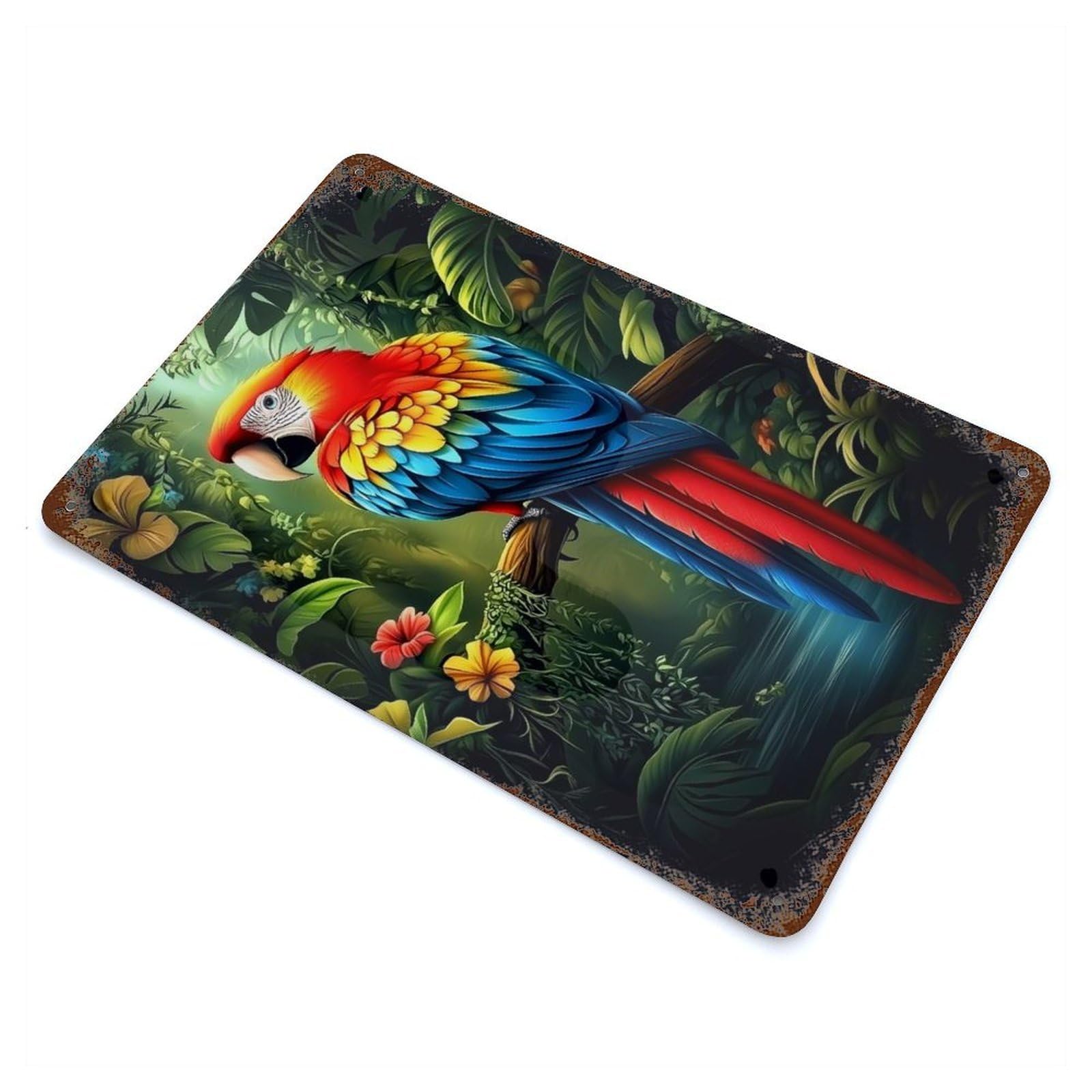 Scarlet Macaw in Jungle Vintage Rust Metal Sign 11.8"x7.9", for Garage, Bar And Workshop Decor, Decorative Metal Wall Art