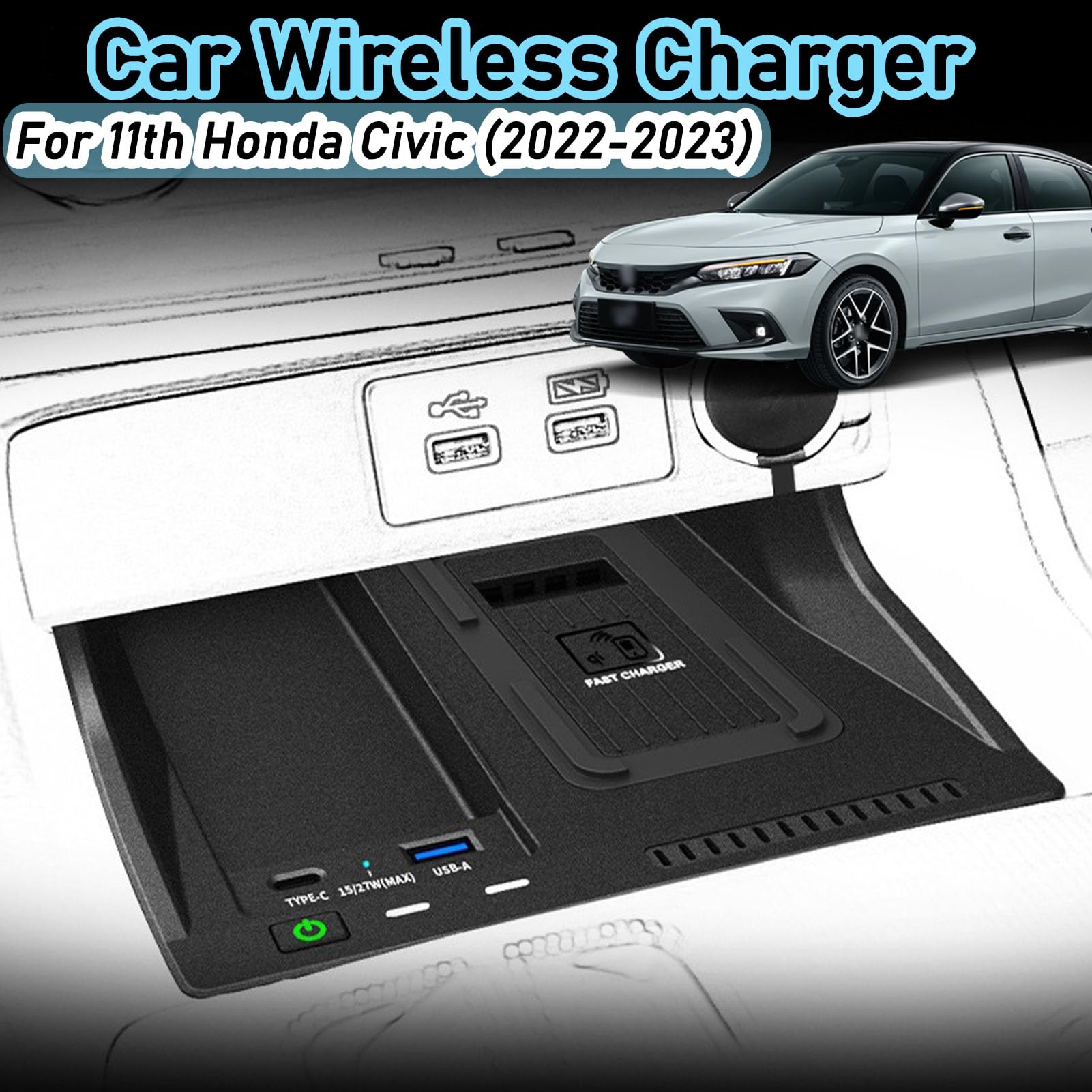 Caricabatterie Wireless per Auto per 11th Civic all Models Accessorio con 15w Wireless e 27w USB Qc3.0 Ricarica Rapida Regalo per la Famiglia