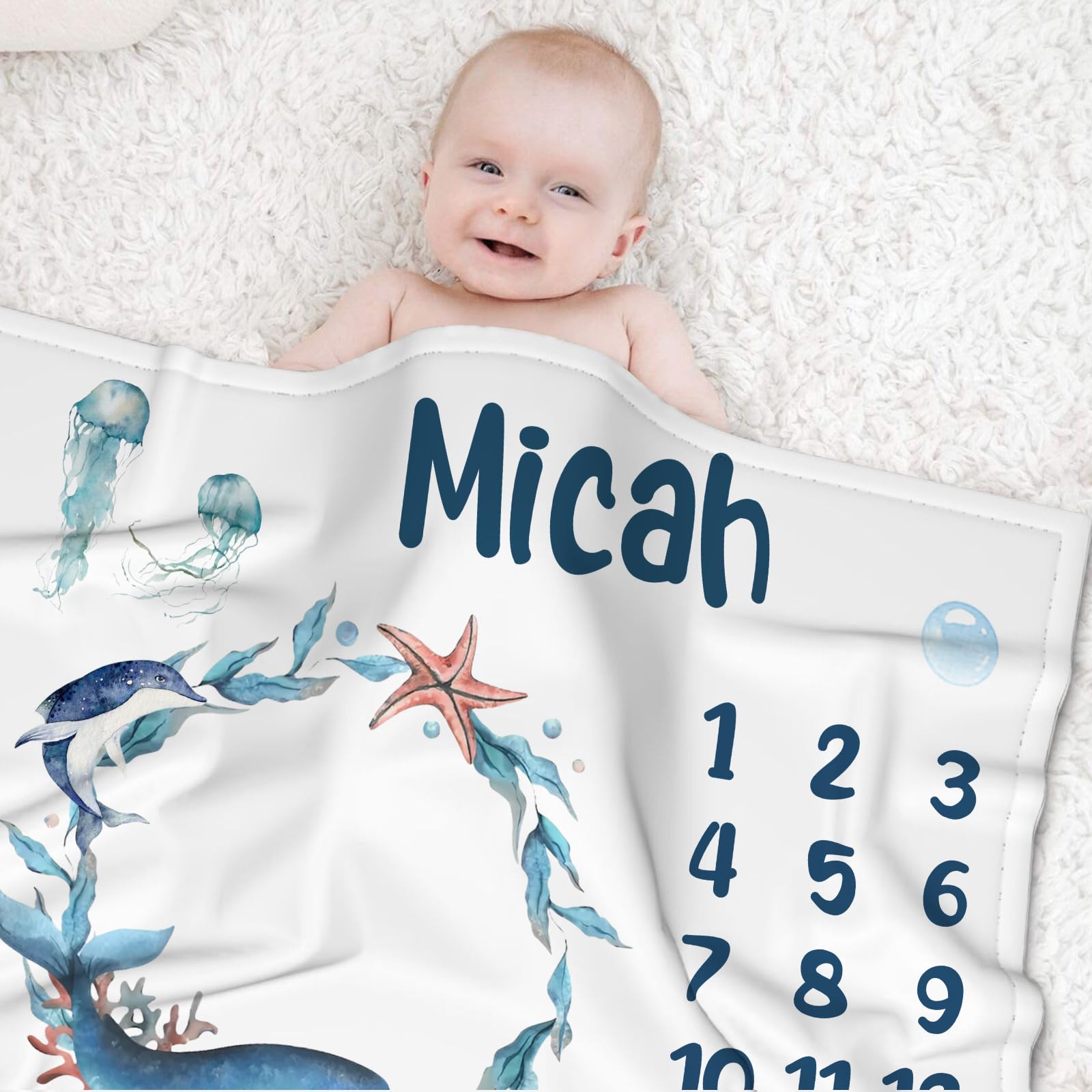 Naseagleeye Personalized Baby Milestone Blanket for Boys - Custom Newborn Ocean Monthly Blanket With Name for