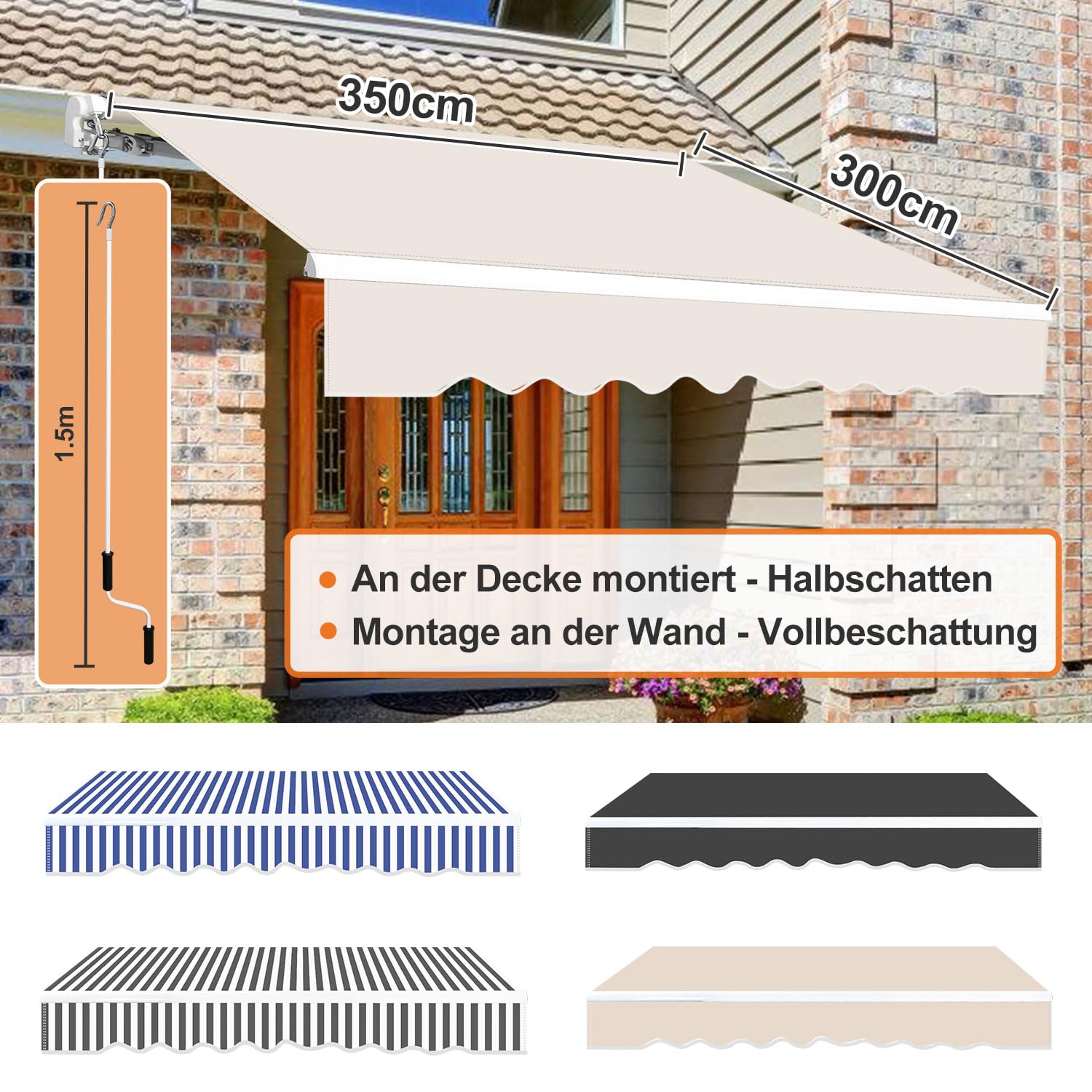 Fiqops Tenda da sole manuale con braccio snodato, 350 x 300 cm, con manovella, anti UV e impermeabile, in alluminio/poliestere, per balcone, terrazza, giardino, beige