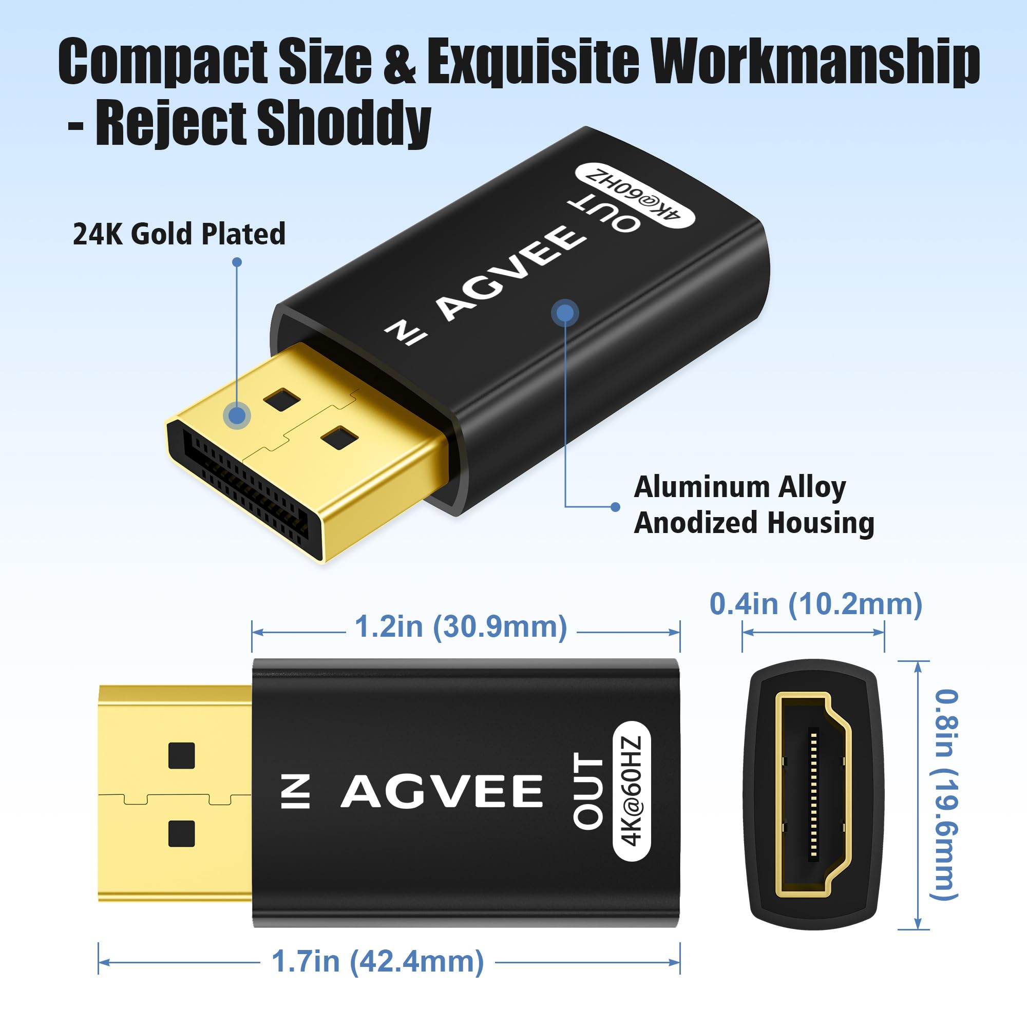 AGVEE Lot de 2 adaptateurs DisplayPort vers HDMI 4K @ 60 Hz, coque en alliage, convertisseur DP Displayport PC vers HDMI, rétrocompatible avec TV Full HD 4K @ 30 Hz 1080p @ 120 Hz, unidirectionnel