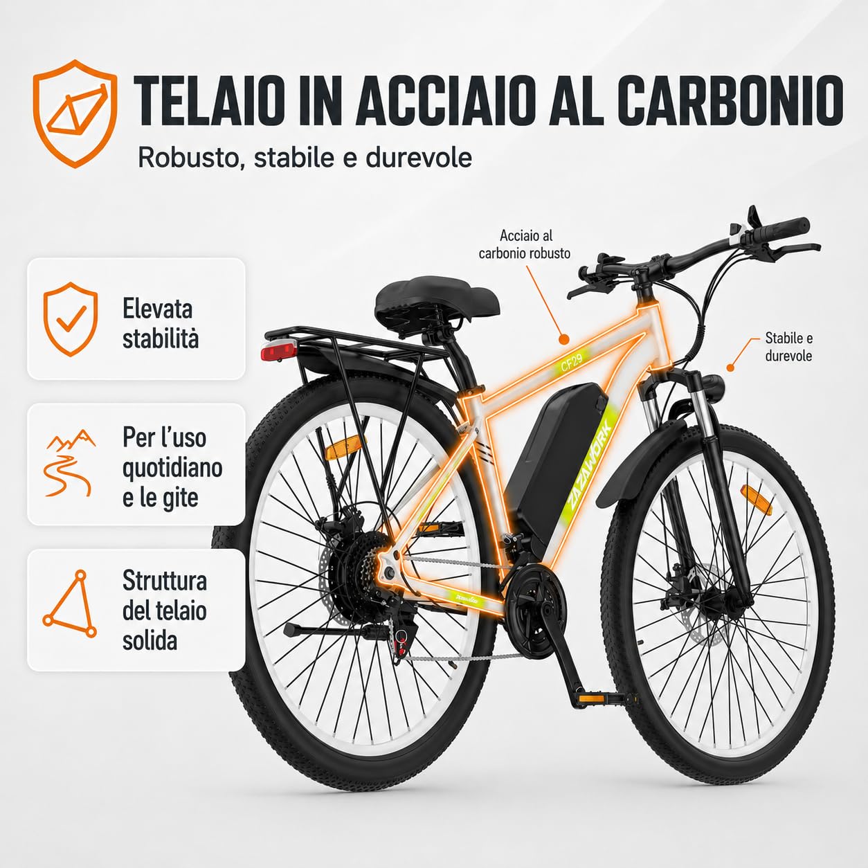 CF29 Mountain Bike Elettrica Uomo 29 Pollici, 250W Bicicletta Elettrica, Batteria 48V 15Ah fino a 100 km, 45 Nm, Cambio 21 Velocità, Freni a Disco, per Pendolarismo, E Montagna