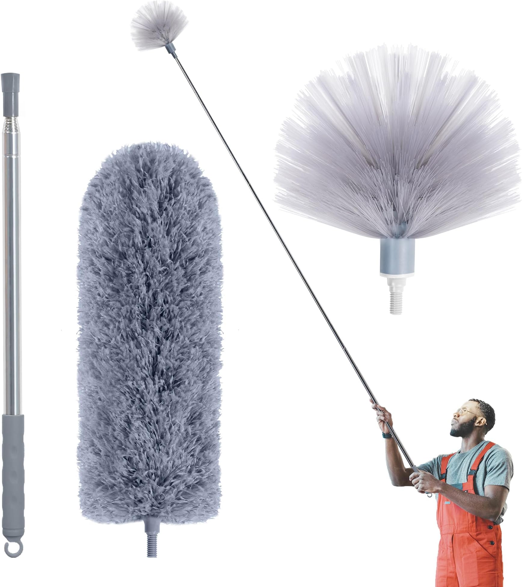 Microfiber Feather Duster with 100" Extension Pole, Cobweb Duster, Bendable Head, Washable for Ceiling, Fan, Furniture