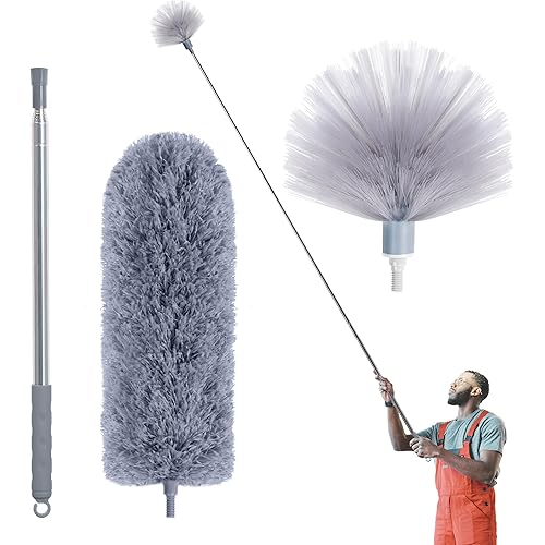 IVYROLL Cobweb Duster with Extension Pole, Spider Web Brush & Ceiling Duster Kit for Cleaning, 100" Microfiber Feather Duster Cleaner with Washable Head for Ceiling Fan, Furniture, Home