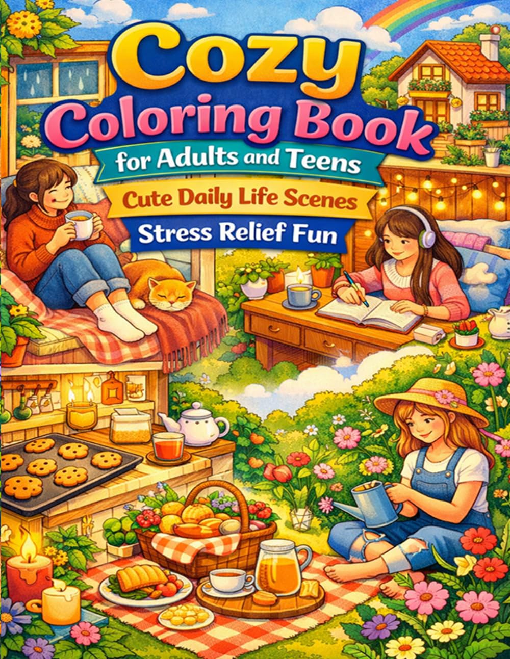 Cozy Coloring Book for Adults and Teens Cute Daily Life Scenes Stress Relief Fun: Simple and Adorable Pages Featuring Cozy Corners Homes Gardens and Everyday Moments for Relaxation