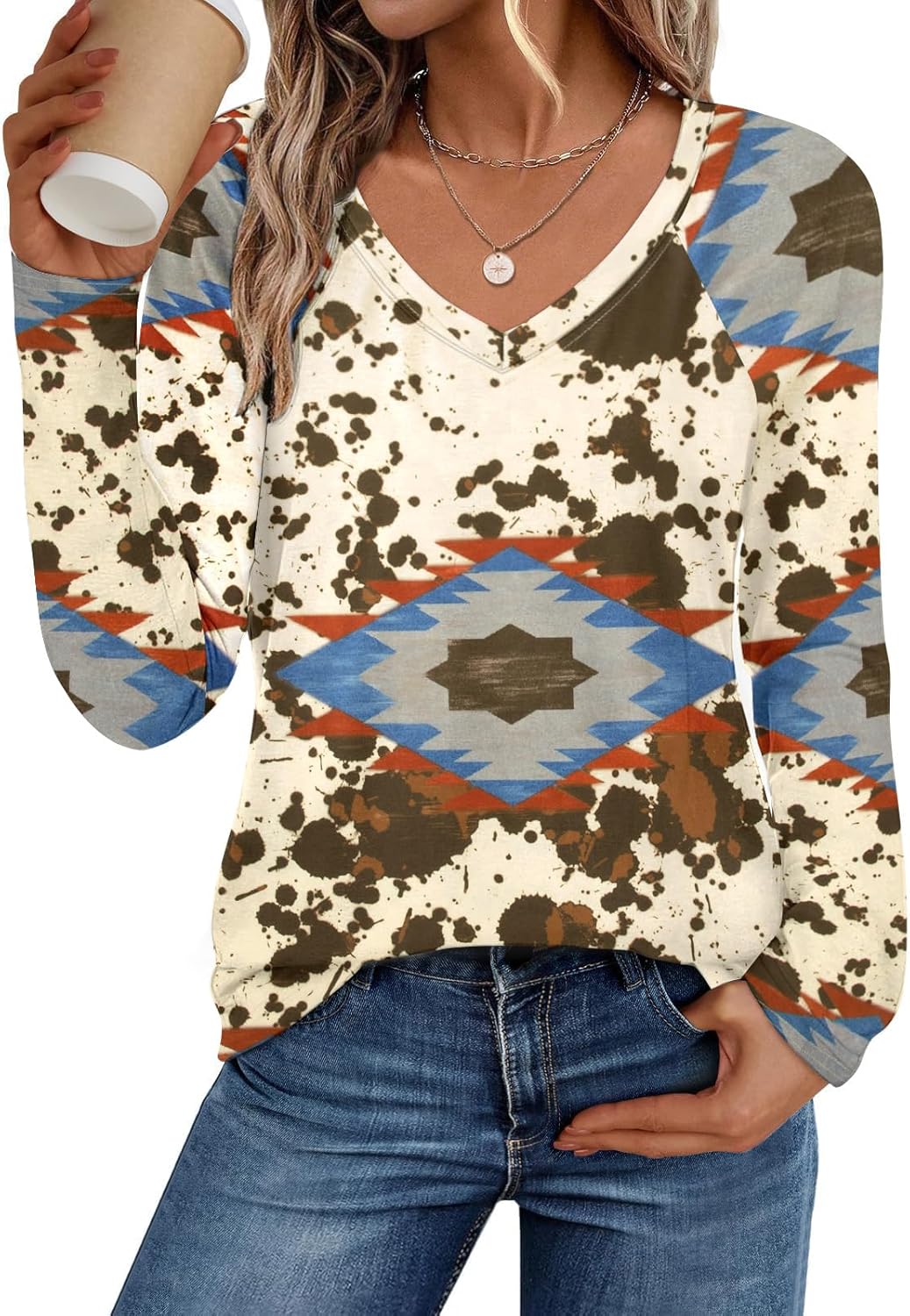 Western Cowgirl Shirts for Women Aztec Long Sleeve Shirt Boho Cow Graphic Tees Country Concert V Neck Loose Fit Tops