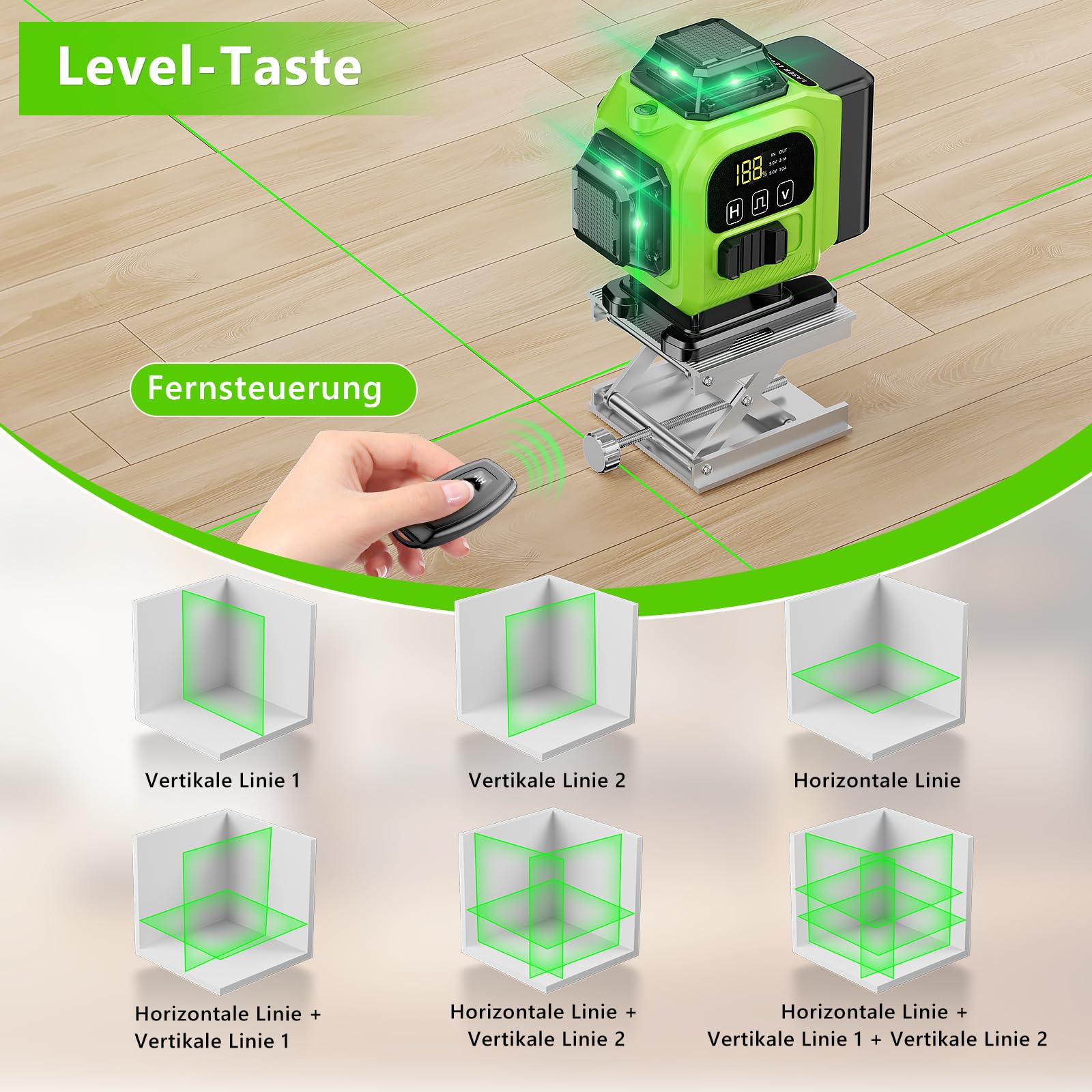 Kreuzlinienlaser Grün 16 Linien Nivellierlaser mit Stativ, 4 x 360 ° Laser wasserwaage, linienlaser kreuzlaser selbstnivellierend für Innenbereich Baustelle, 2 x Batterie Vermessungskabine