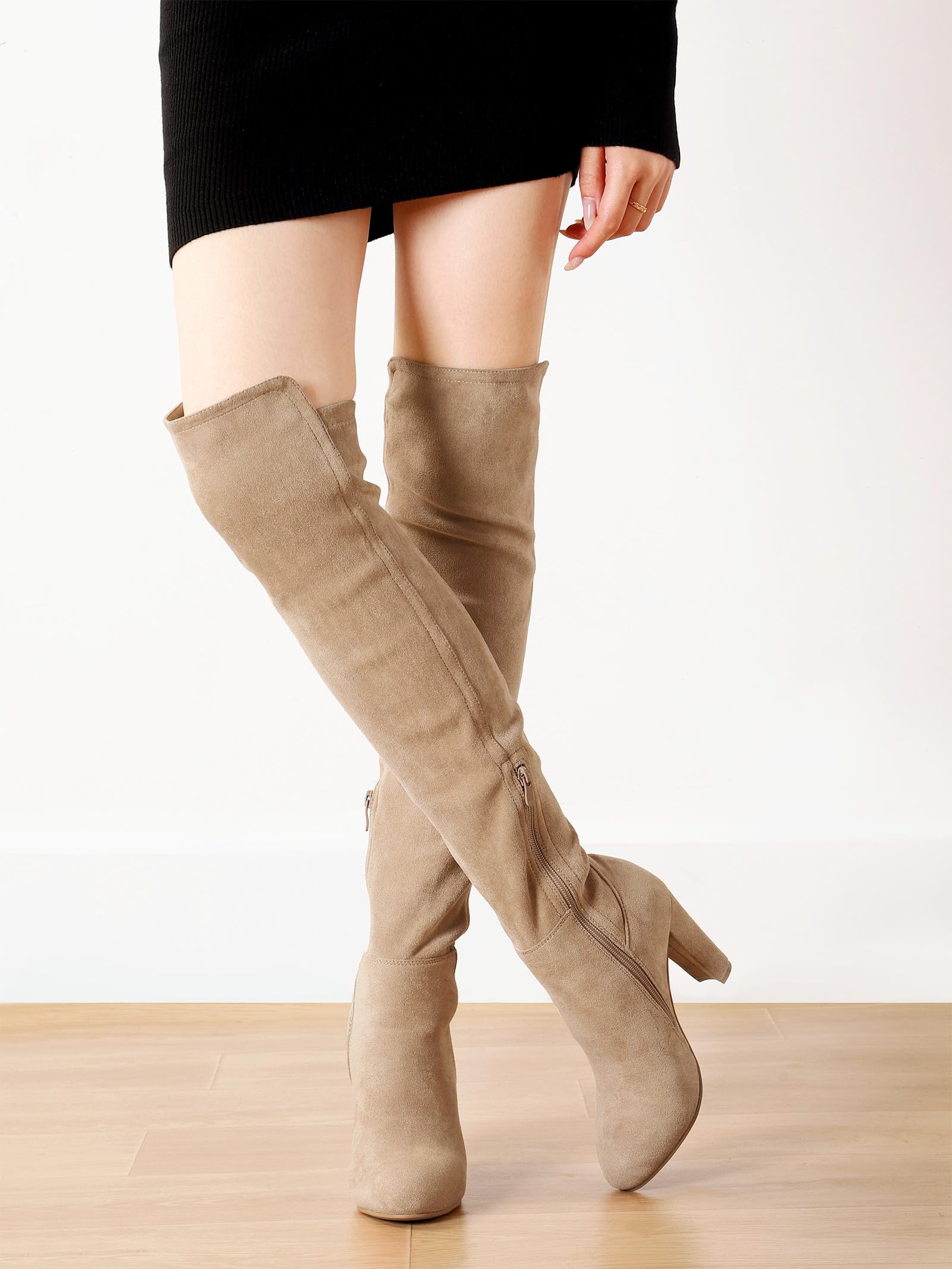 Shoe'N Tale Women Faux Suede Chunky Heel Stretch Over The Knee Thigh High Boots