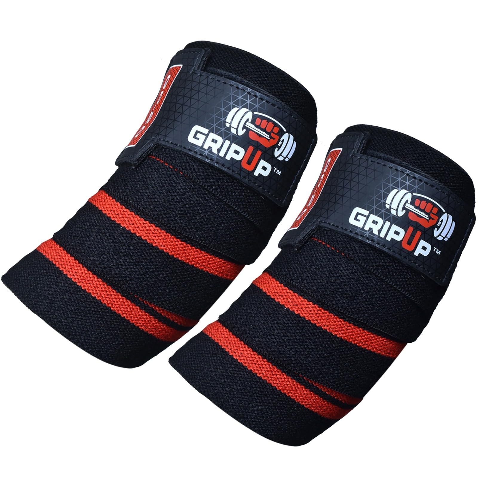 GripUp Fitness Elbow Wraps Weightlifting (Pair) 39” Adjustable Brace Joint Support Pain Relief Tendonitis Elbow Straps Weight Lifting Bench Press Gym Workouts Bands Men & Women (Black/Red, One size)