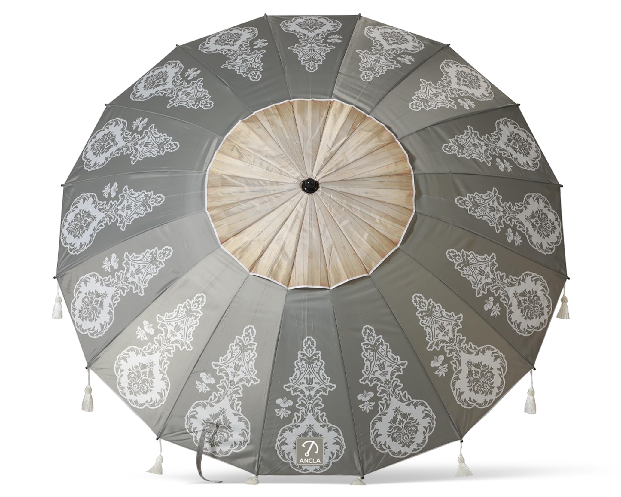 Atosa Strandschirm, Ø 180 bis 240 cm, aus Aluminium, Mandala-Design, LSF 50+, in den Farben Grau oder Weiß, grau, 220 cm, Traditionell