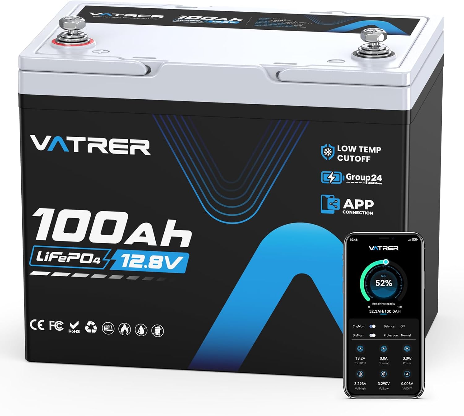 12V 100Ah Group 24 Lithium Deep Cycle Battery, 150A BMS Rechargeable LiFePO4 APP Monitoring Battery, Low/High Temperature Cutoff Protection, Perfect for RVs, Boats, Off-Grid, Home Energy Storage