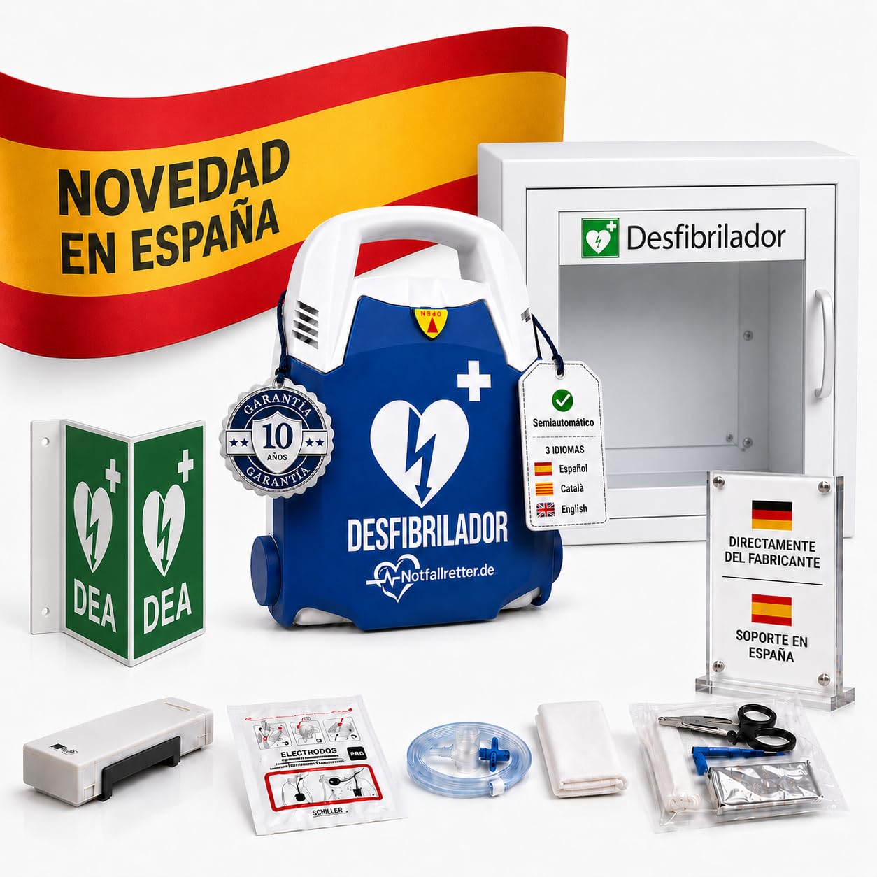 Desfibrilador Semi Automatico DESA con Armario de Pared [10 Años Garantía], Botiquin de Primeros Auxilios, Kit de Emergencia, Autostart, Batería 6 Años, para Empresa, Municipio y Consulta, first aid