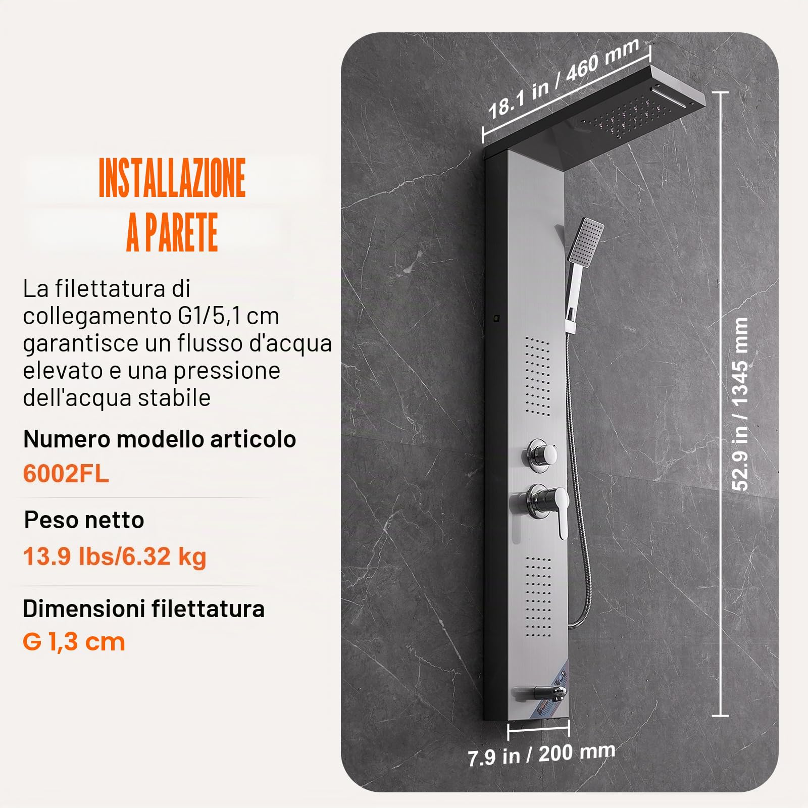 VEVOR Pannello Doccia 5 Modalità, Torre Doccia LED, Pioggia, Cascata, 2 Getti Massaggianti, Bocca Vasca, Soffione Mano, Argento Spazzolato