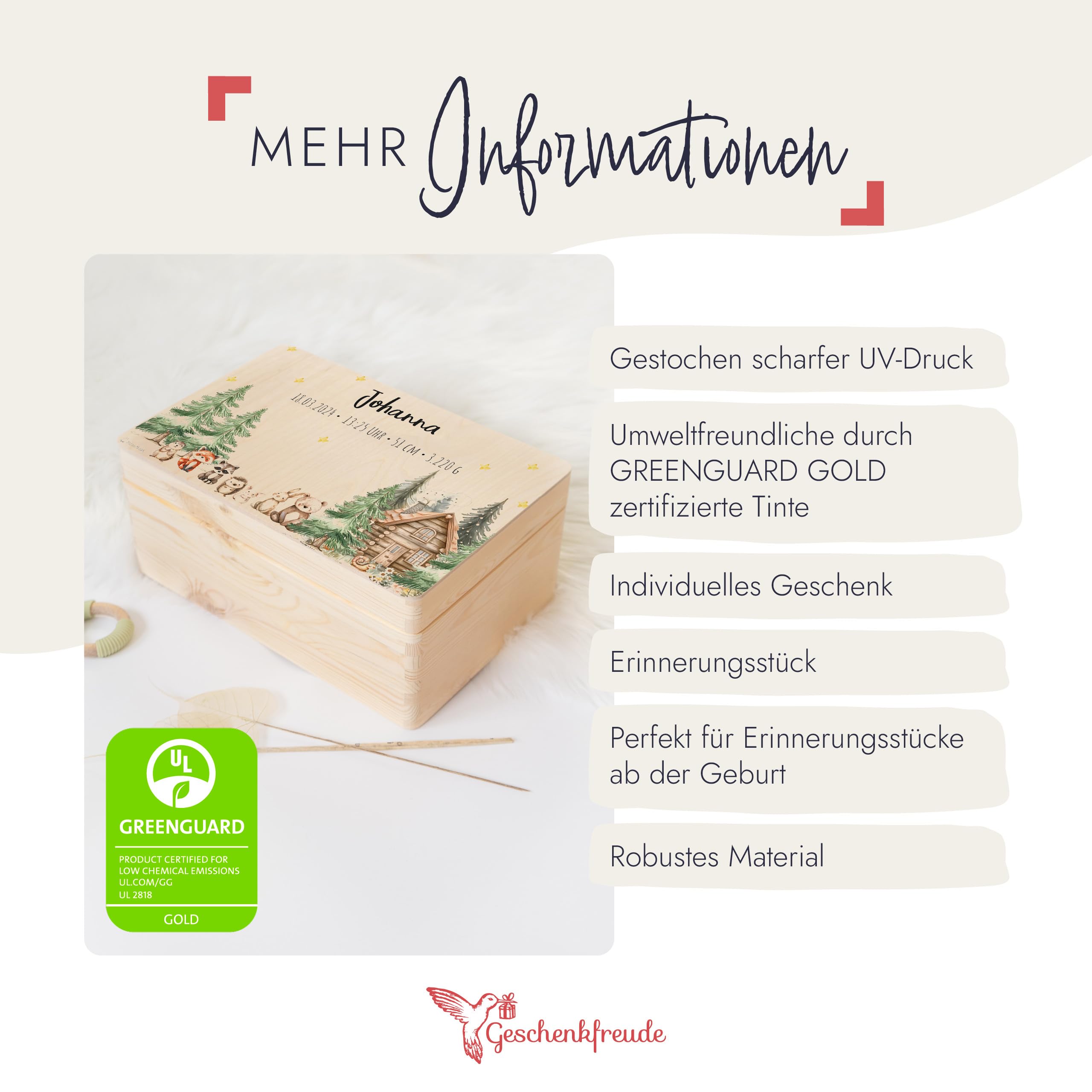 Geschenkfreude Erinnerungsbox Baby Personalisiert - 30x20x14cm - UV-Druck - Individuelle Baby Aufbewahrungsbox - tolle Erinnerungskiste aus Holz - Einzigartige Geschenke zur Geburt - Waldfreunde