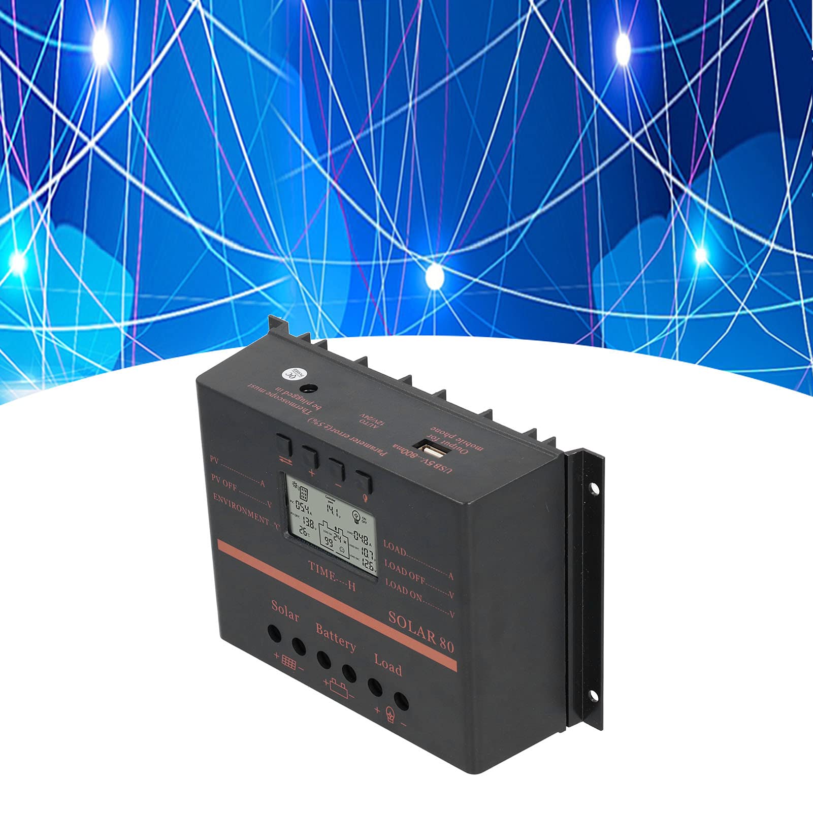 Controlador de Carga Solar PWM de 80 A para Electrodomésticos, 12 V/24 V con Salida USB de 5 V, Carcasa de ABS Duradera, Protección Múltiple para Sistemas de Iluminación, Gestión