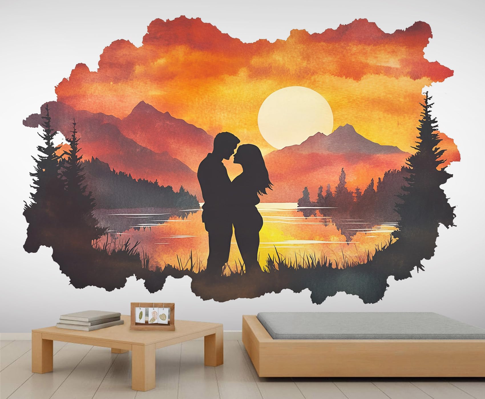 Couple Mural Sunset Lake View Wallpaper Abstract Watercolor Wall Mural Commercial Hotel Poster Custom Wallpaper Massive Panoramic Wall Poster (Non-self-Adhesive) — image 1