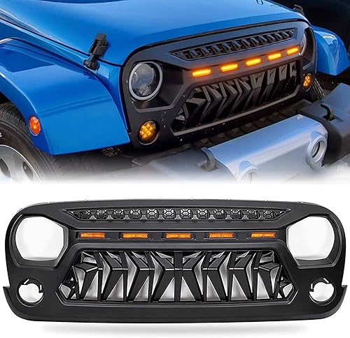 Parrilla compatible con los siguientes modelos: Jeep Wrangler 2007-2018 JK JUK Shark Grille Accesorios negro mate con 5 luces ámbar incluyendo