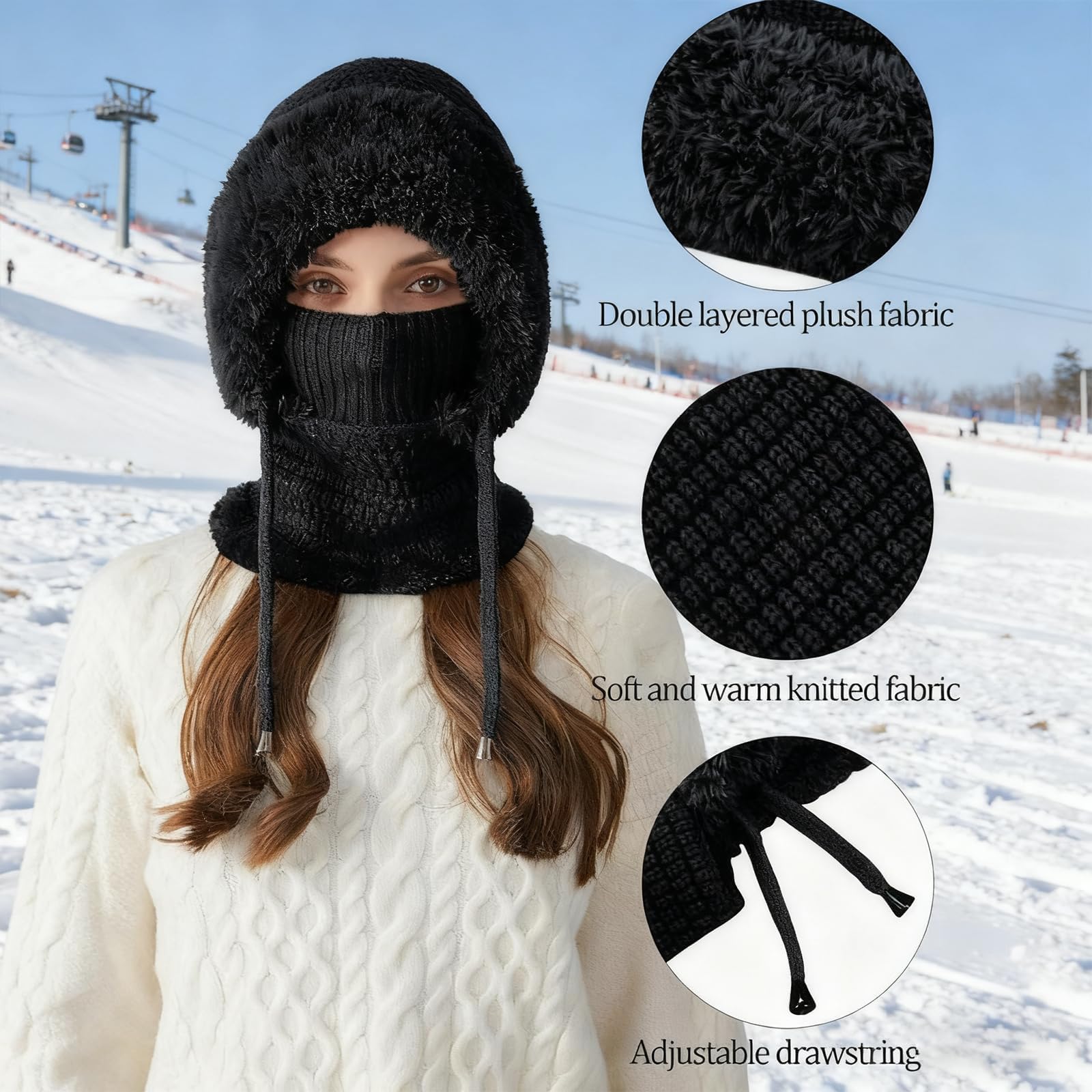 3 in 1 Beanie Hat for Women,All in One Hat and Scarf,Knitted Ski Scarf and Mask Set — view 4