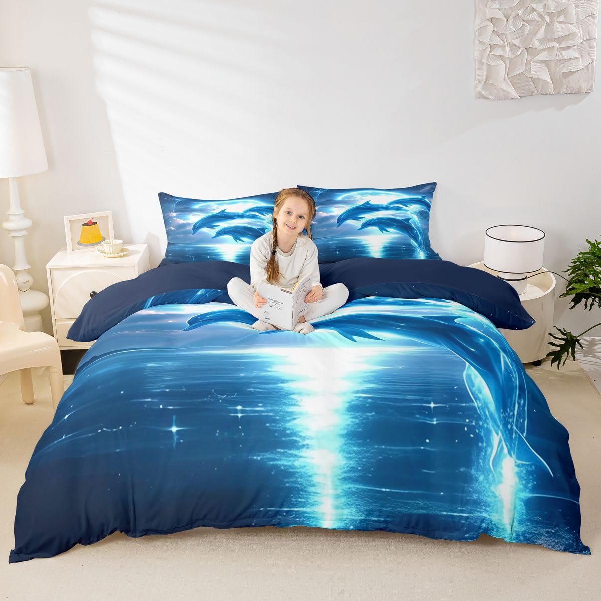 Housse de couette dauphin animaux marins parure de lit bleu