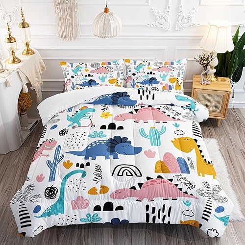 Juego de edredón de dinosaurio de dibujos animados y arco iris, juego de ropa de cama de 3 piezas de dinosaurio Kawaii para todas las estaciones con