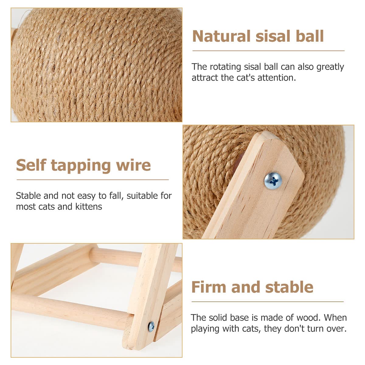 Foppla Cat Scratcher Sisal Scratching Ball & Sturdy Solid Wood Post with Rotatable Ball, 7x7x6.3 Inch - Image 2