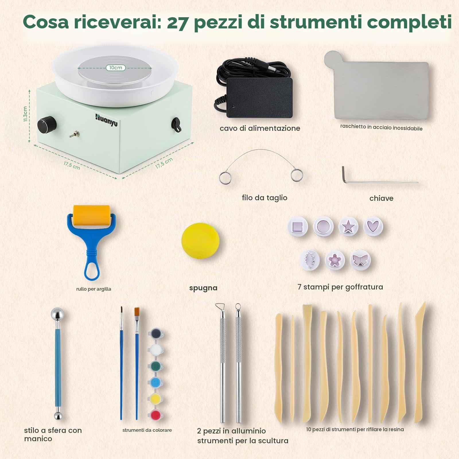 Huanyu Ruota di Ceramica 10cm/4in Mini Elettrico Ruota di Ceramica Piccoli vasai per i Principianti 0-2000RPM velocità Regolabile Ceramica Ruota di Ceramica con 27pcs Ceramica Strumenti Kit (Verde)