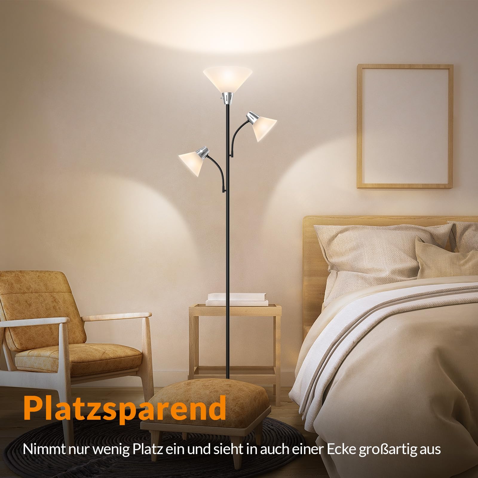LEPOWER Stehlampe Dimmbar, 9W LED Stehlampe mit 5W Leseleuchte Einstellbar | Moderne, Helle Stehlampe mit Austauschbaren 3000K Energiespar LED, Stehlampe für Wohnzimmer, Schlafzimmer, Büro, Schwarz