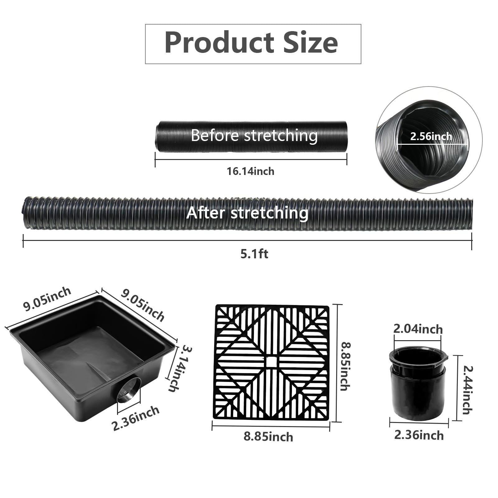 Nicht Grabender Auffangbecken Fallrohr Verlängerungsset, PVC Dachrinnen Ablaufanschluss Set mit Gitter-Abflussdeckel, 23 x 23cm Auffangbecken mit 155 cm Verlängerbarer Schlauch