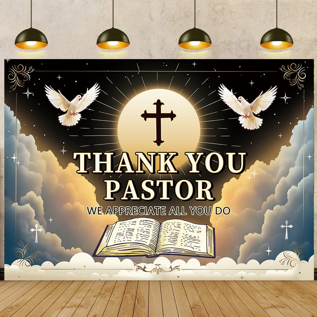 Thank You Pastor Sfondo 2,8 x 1,8 m Pastore Apprezzamento Settimana Banner Sfondo per Chiesa Nero Oro Apprezzamento Mese Pensionamento Party Decorazioni