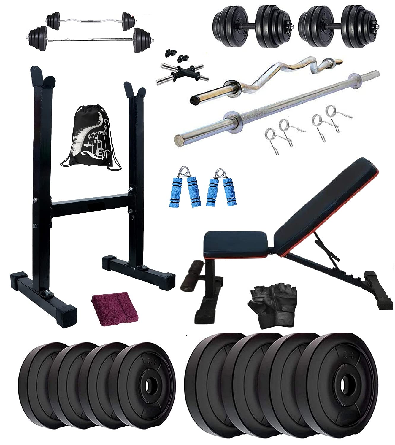 Bodyfit Weight Lifting Adjustable Multi-Level Bench+ Biceps Stand Combo, (20Kg-100Kg) Weight Plates, Rods for Home Gym Set Body Strength Training n Abdominal Workout, Exercise Set. (100 Kg Combo Set)-image-47