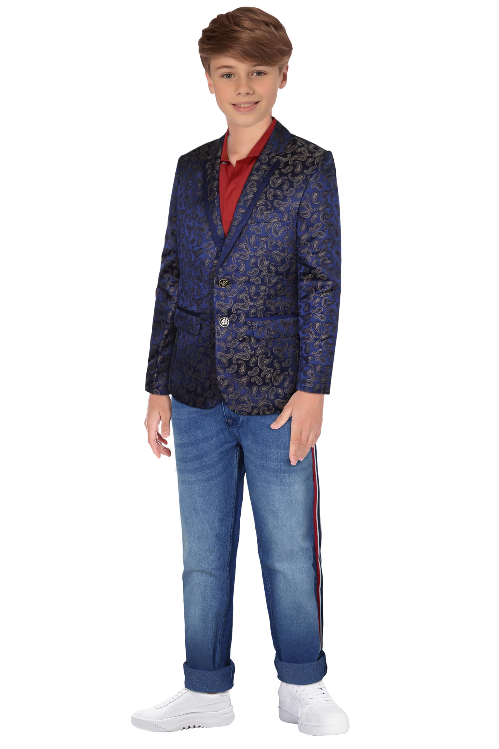 Boys Navy Print Regular Fit Blazer 3