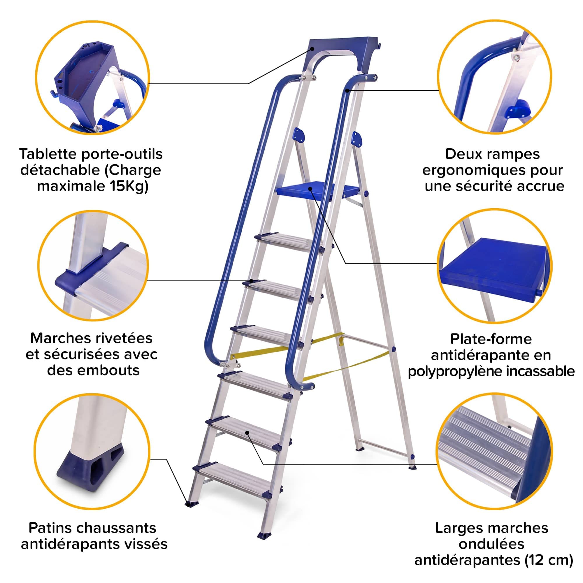 HOSTRÖM Escabeau 7 marches Secure Pro, Aluminium renforcé, sécurisé avec rampes, Tablette Porte-Outils, Hauteur Plateforme 158cm, Garantie 5ans
