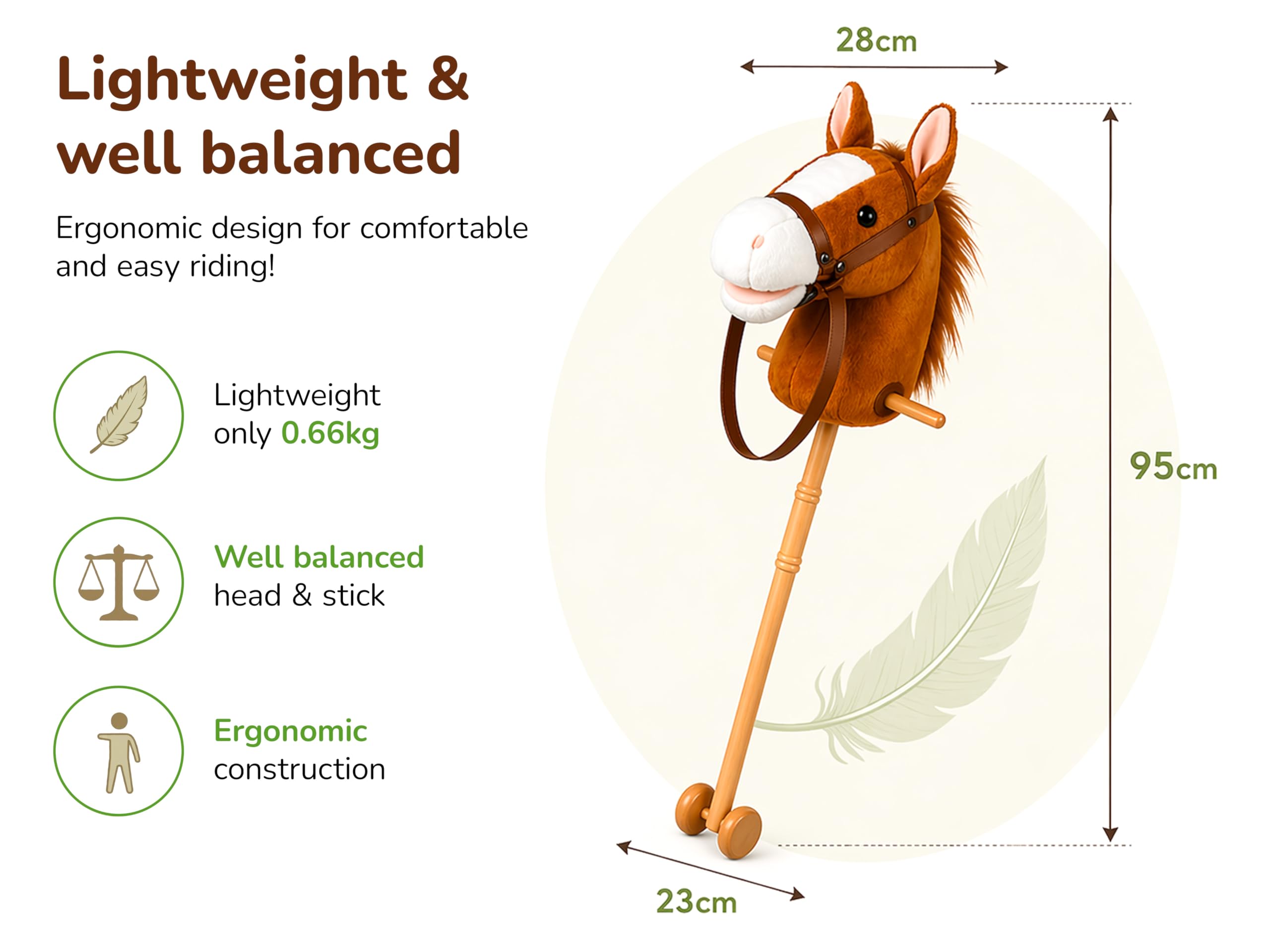 CELMAN Hobby Horse - Steckenpferd Braun A4 mit Zaumzeug und Sound - Geräuscheffekt durch Ohrdruck - Holzstab mit Rädern - Spielzeug Pferd für Kinder - Reiten & Rollenspiel
