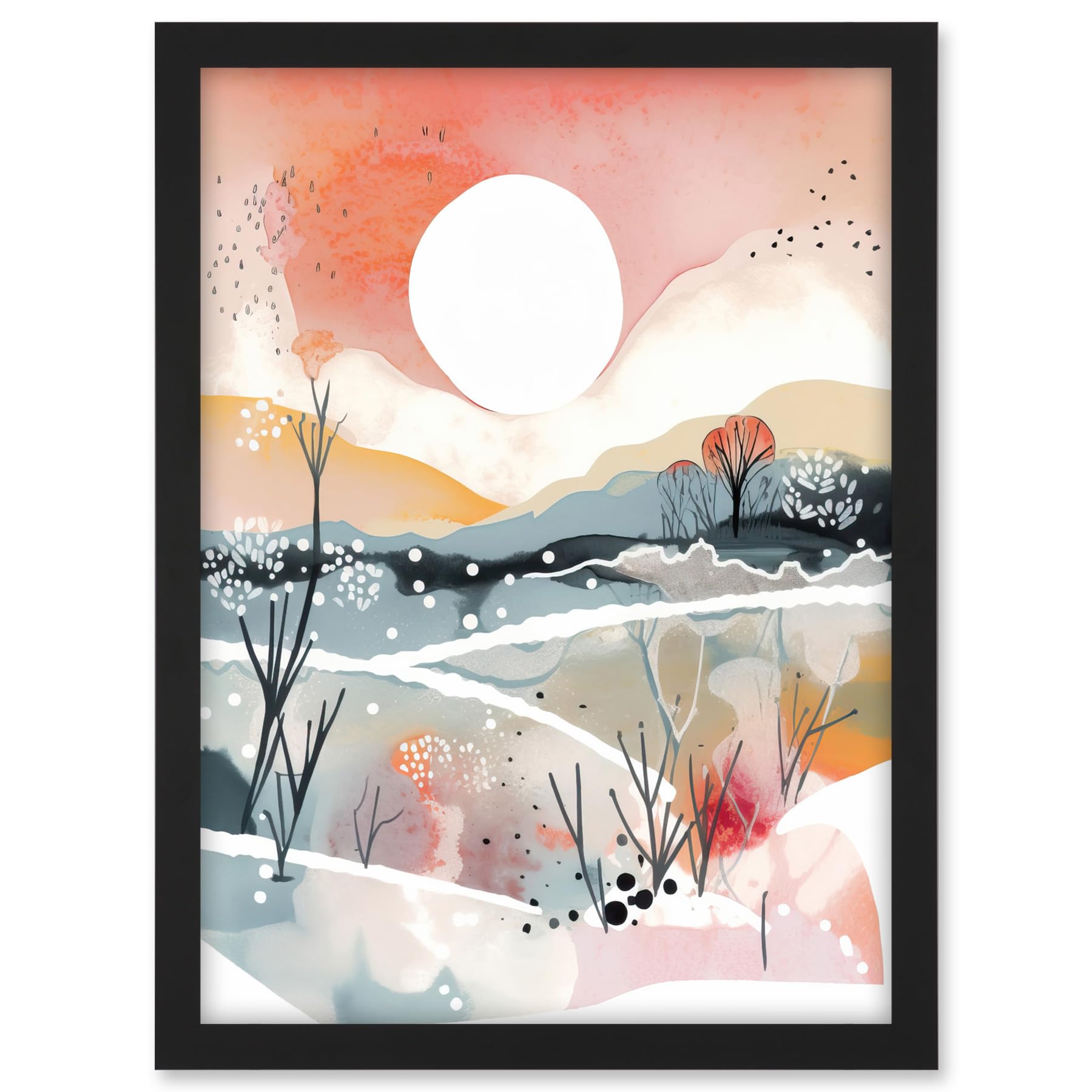 Artery8 Sunset in Winter Landscape Boho Modern Folk Art Artwork Framed A3 Wall Art Print