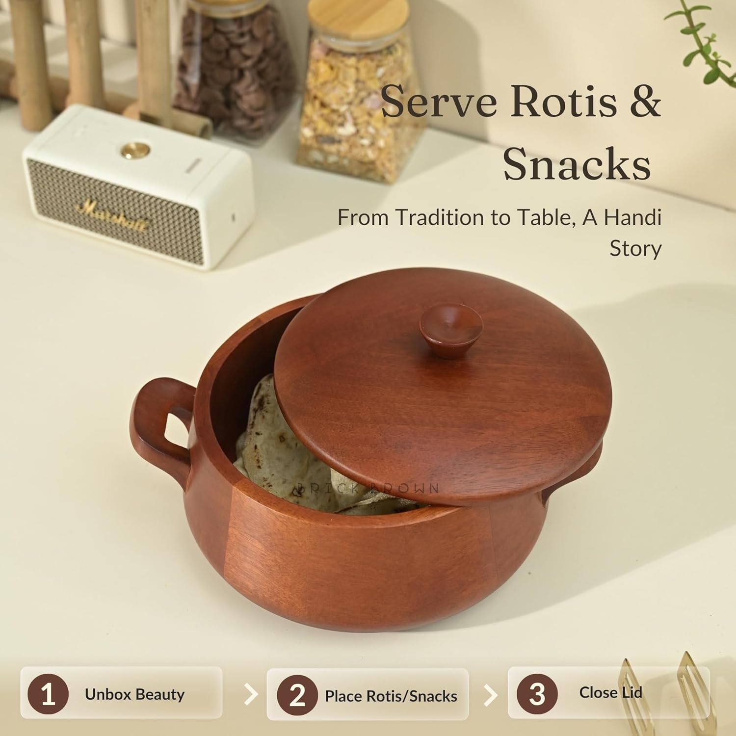 Brick Brown ® Handcrafted Wooden Handi Roti Box Mahogany Finish | Chapati Box for Kitchen | Hot Pot Casserole for Roti Server Tableware Serving | Case Roti Dabba with Lid (10.7 × 8.8 × 5.6 In)