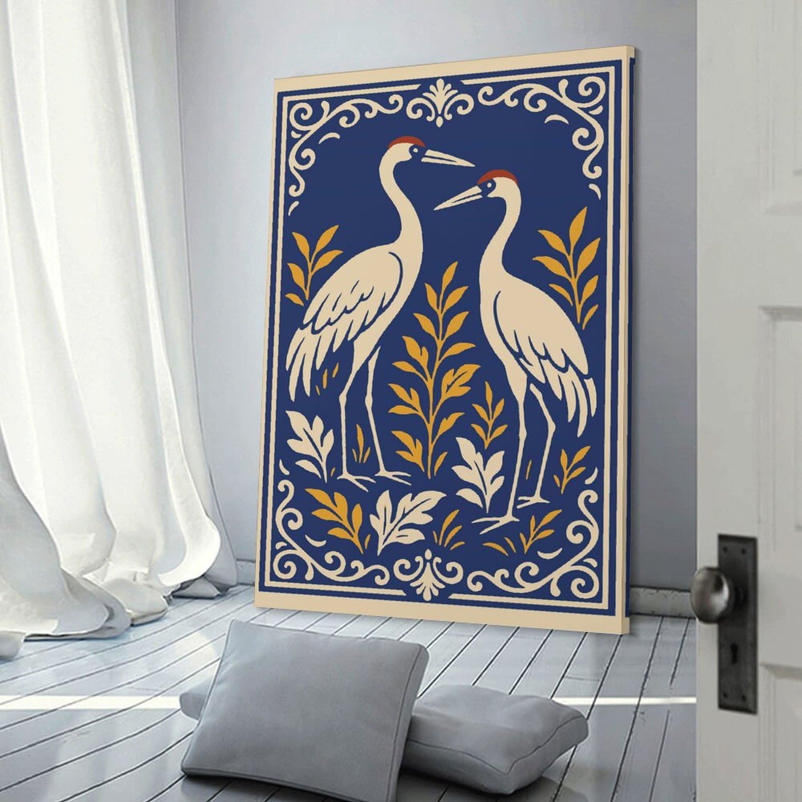 Junmoney Decorative Wall Artwork Elegant Cranes with Floral Border, 24x36inch(60x90cm), for Calm Bedrooms, Home Corners Or Flats, An Easy Wall Refresh for Bedrooms