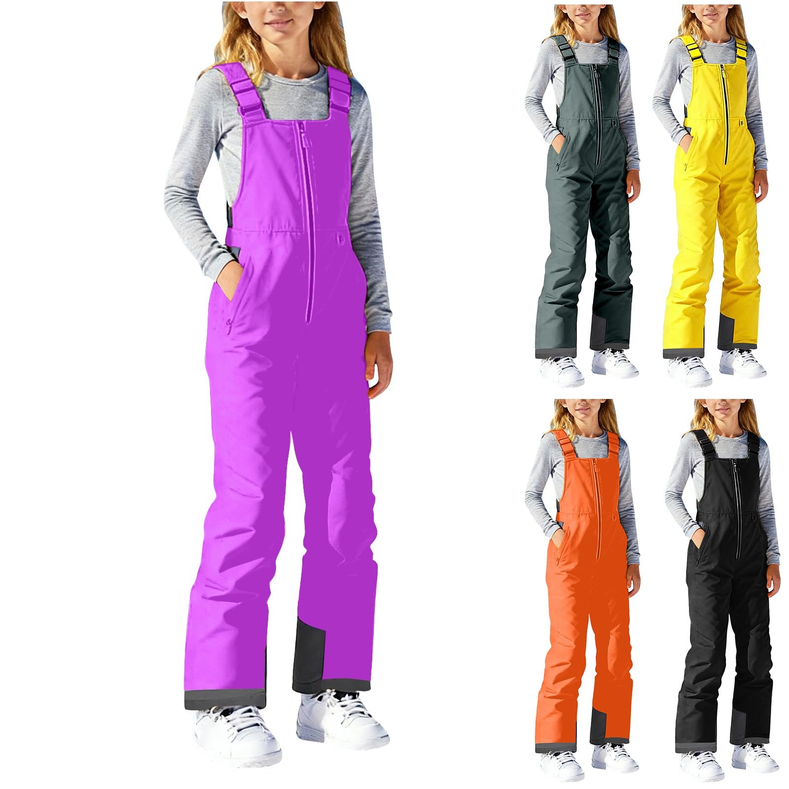 Salopette de ski imperméable pour filles et garçons - Salopette de ski chaude et coupe-vent - Bretelles réglables - Jambe droite - Fermeture éclair - Pantalon de ski en plein air