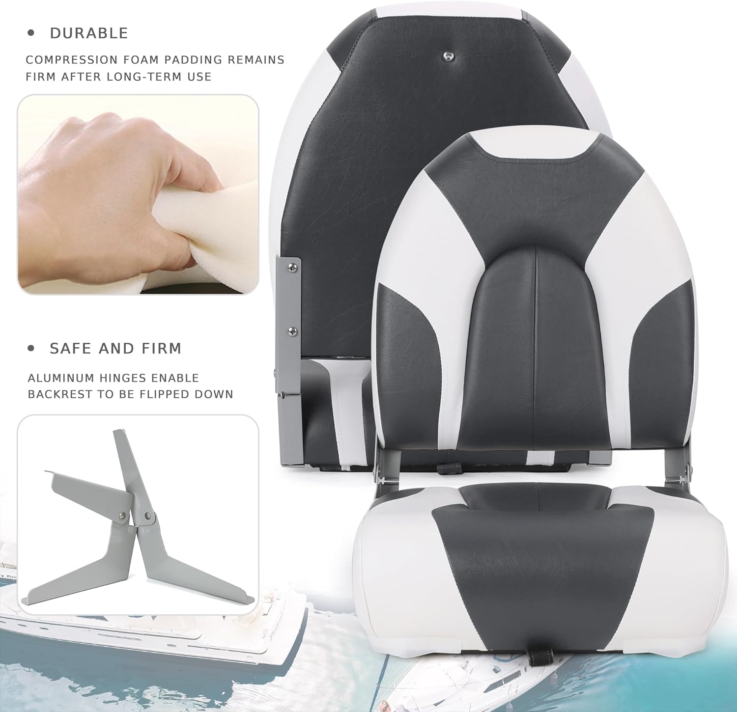 Deluxe Marine High Back Folding Boat Seats 2 Pack, Waterproof Fishing Boat Captain Chairs, 4 Mounting Screws Included