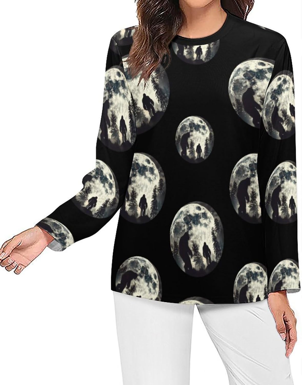 Bigfoot Forests Moon Women's Pajama Top Sleepwear Pajamas Sleep T-Shirt Long Sleeve Shirt Crewneck Tee
