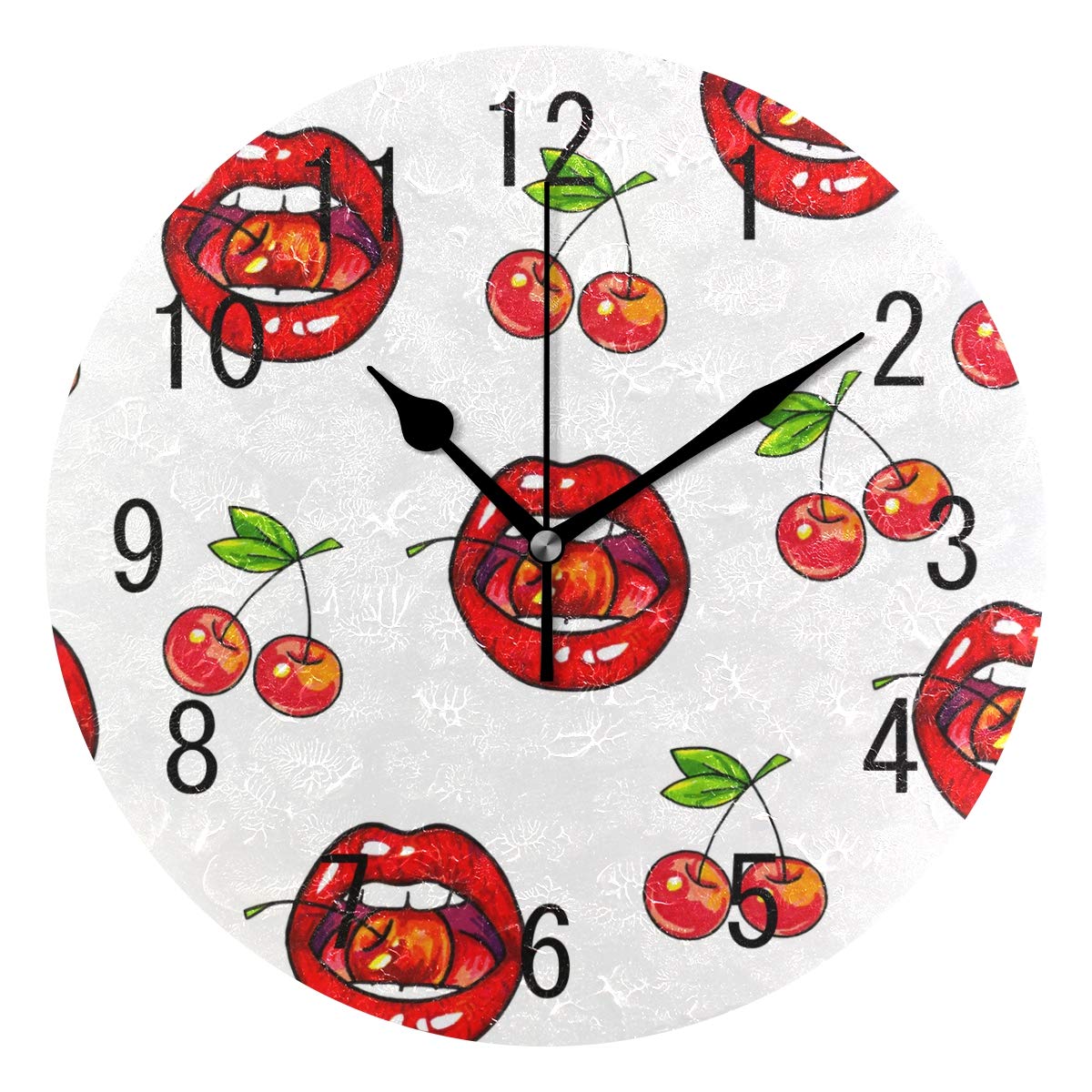 Domoko Home Decor Watercolor Lip Cherry Fruit Round Acrylic Wall Clock Non Ticking Silent Clock Art for Living Room Kitchen Bedroom