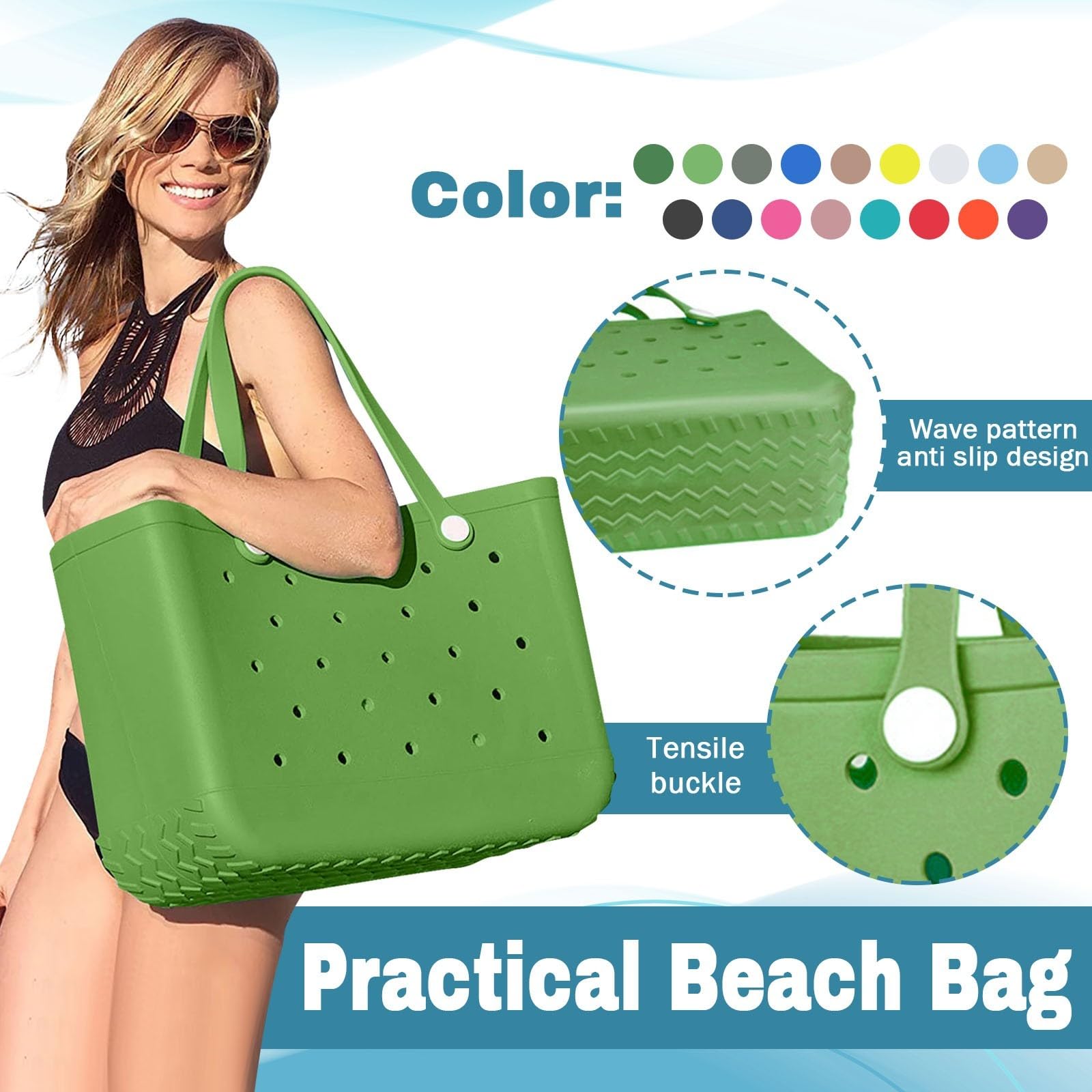 Strandtasche Wasserdicht Waschbare Strapazierfähige Offene Tragetasche Sanddicht Tasche Silikon EVA Tote Bag Outdoor Reisetaschen Weekender Handtaschen für Sport, Pool, Fitnessstudio,Shopper