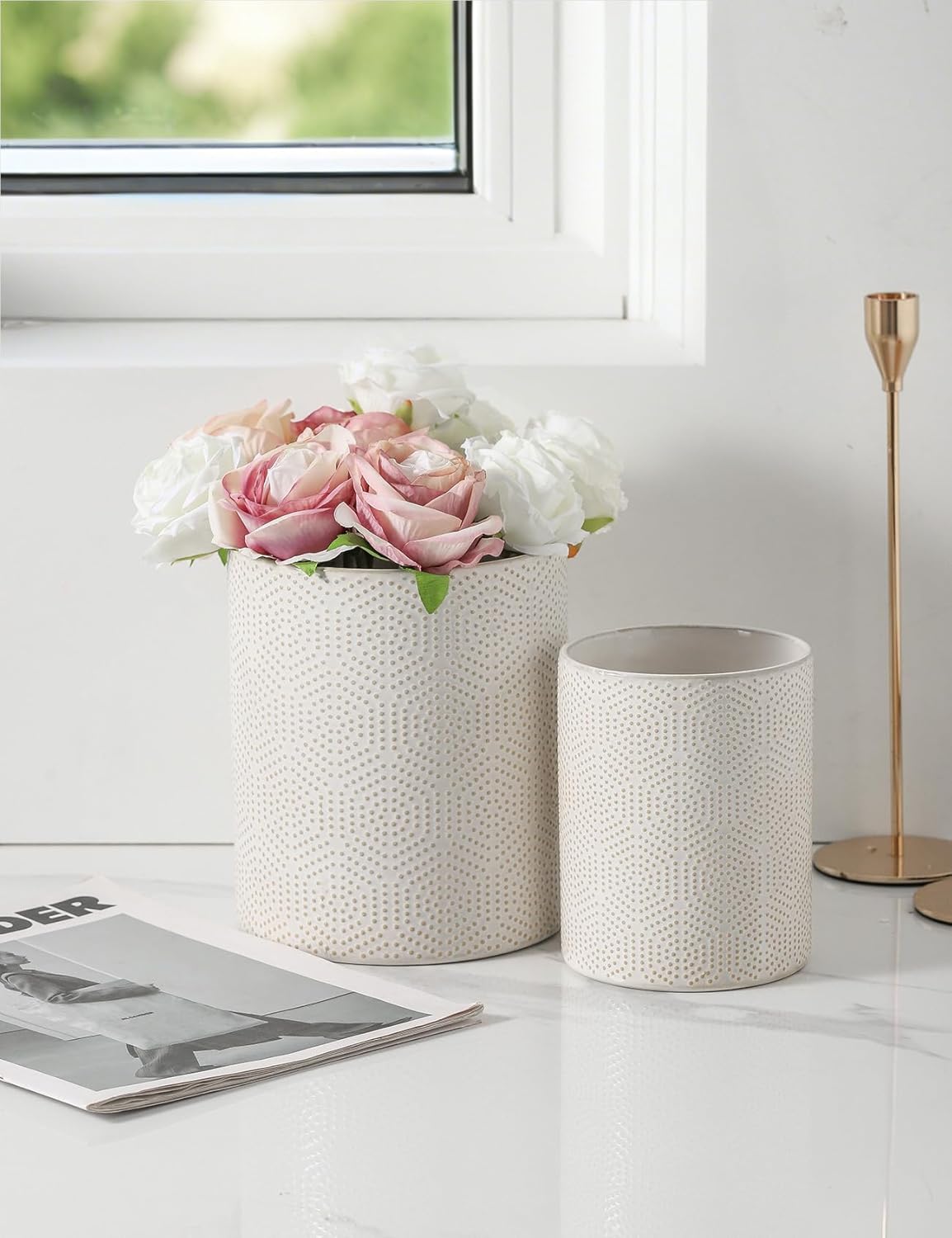 UBEE Utensil Holder, 7"+5.5" Ceramic Kitchen Utensil Holder for Countertop, Large Cooking Utensil Crocks for Counter, Modern Kitchen Tool Holder for Spatula, Set of 2, White