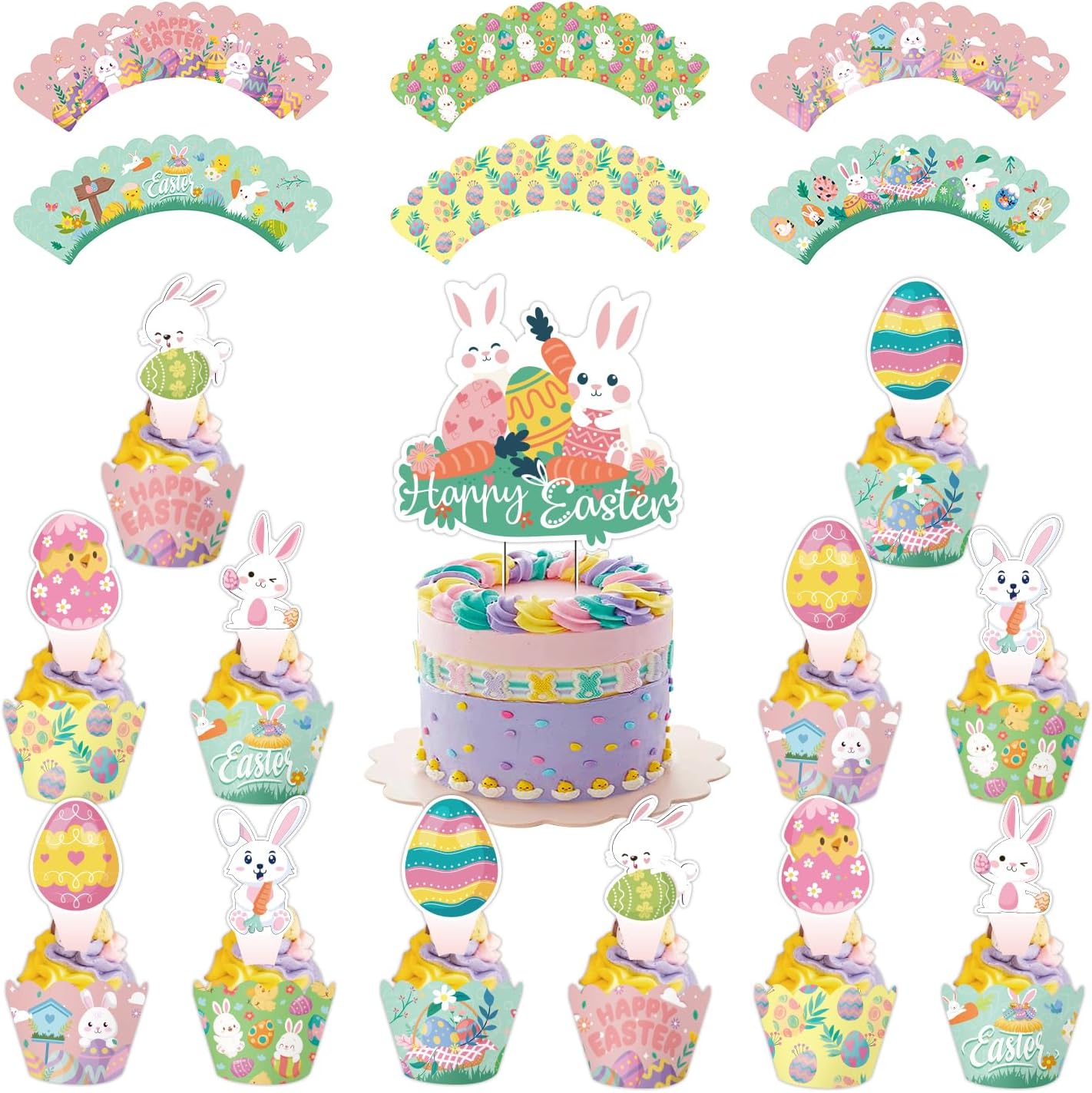 Happy Easter Bunny Cupcake Toppers (25pcs) - Multi-colored Easter Cake Toppers