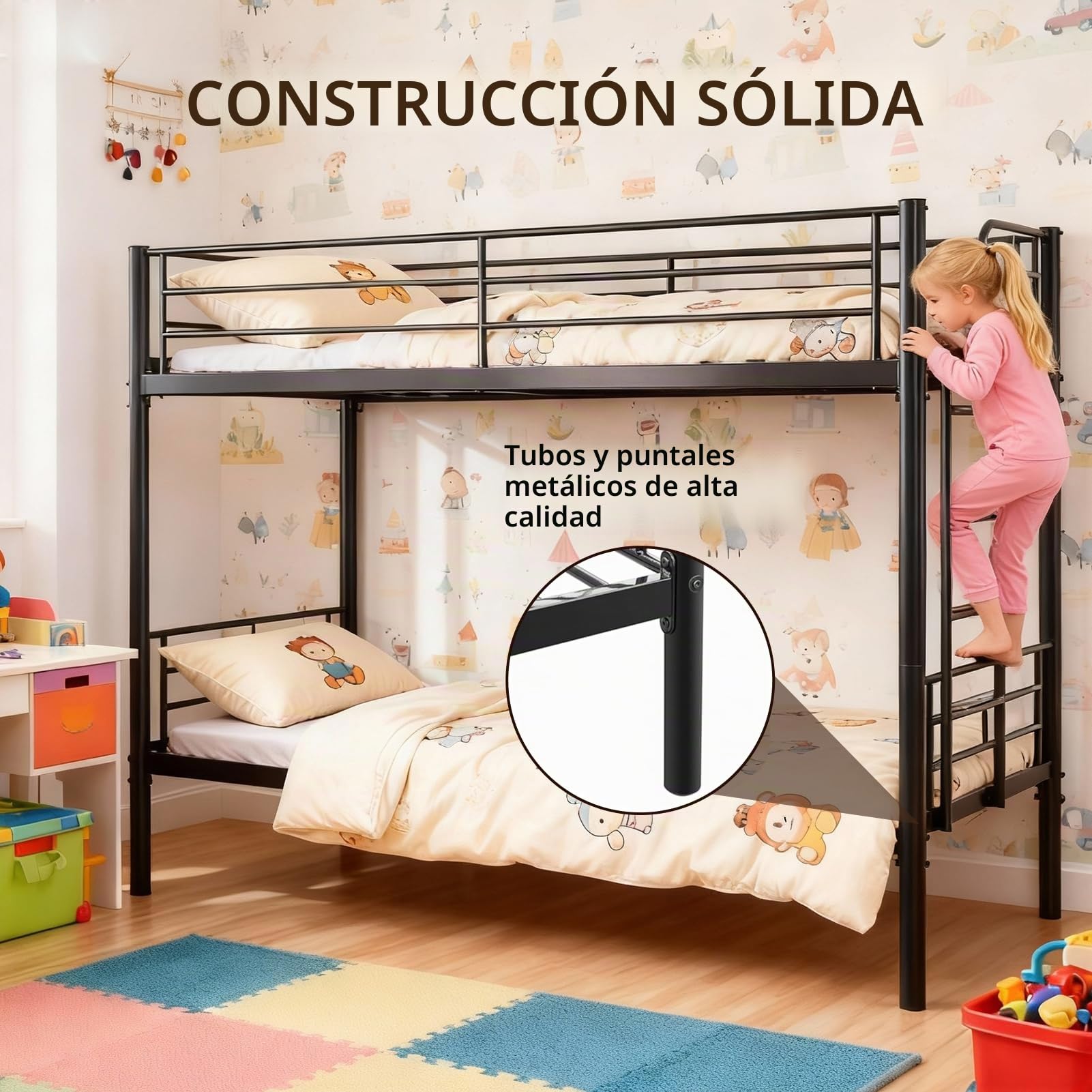 Litera de Metal de 90 x 200 cm, litera Juvenil con Escalera, Convertible en Dos Camas Individuales, Camas Altas para Adultos con somier y Barra de Seguridad para Dormitorio